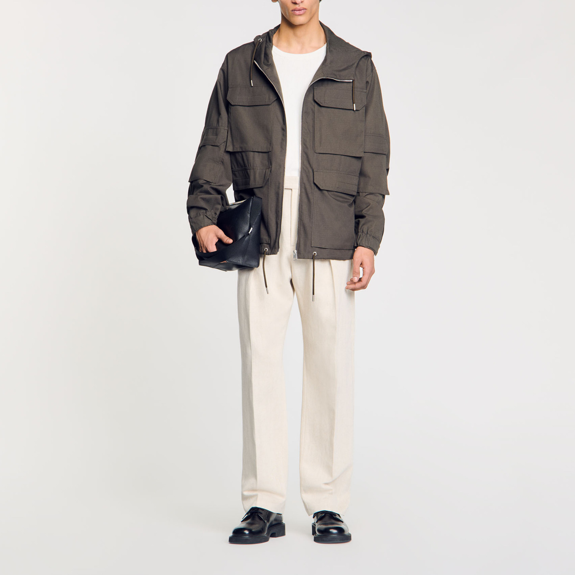 Sandro cotton Multi-pocket military parka with grid motif, hood, long sleeves and zip fastening