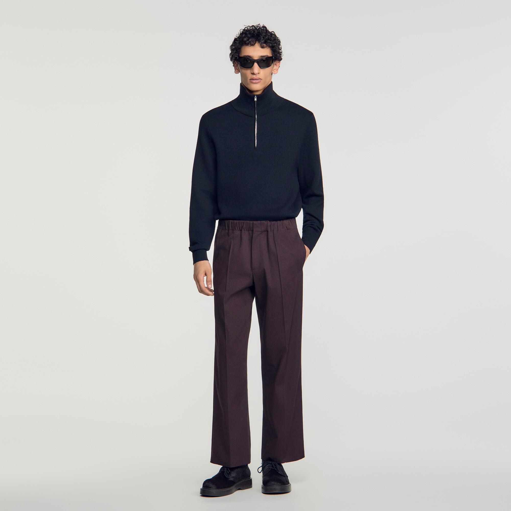 Wide-leg elastic waist trousers