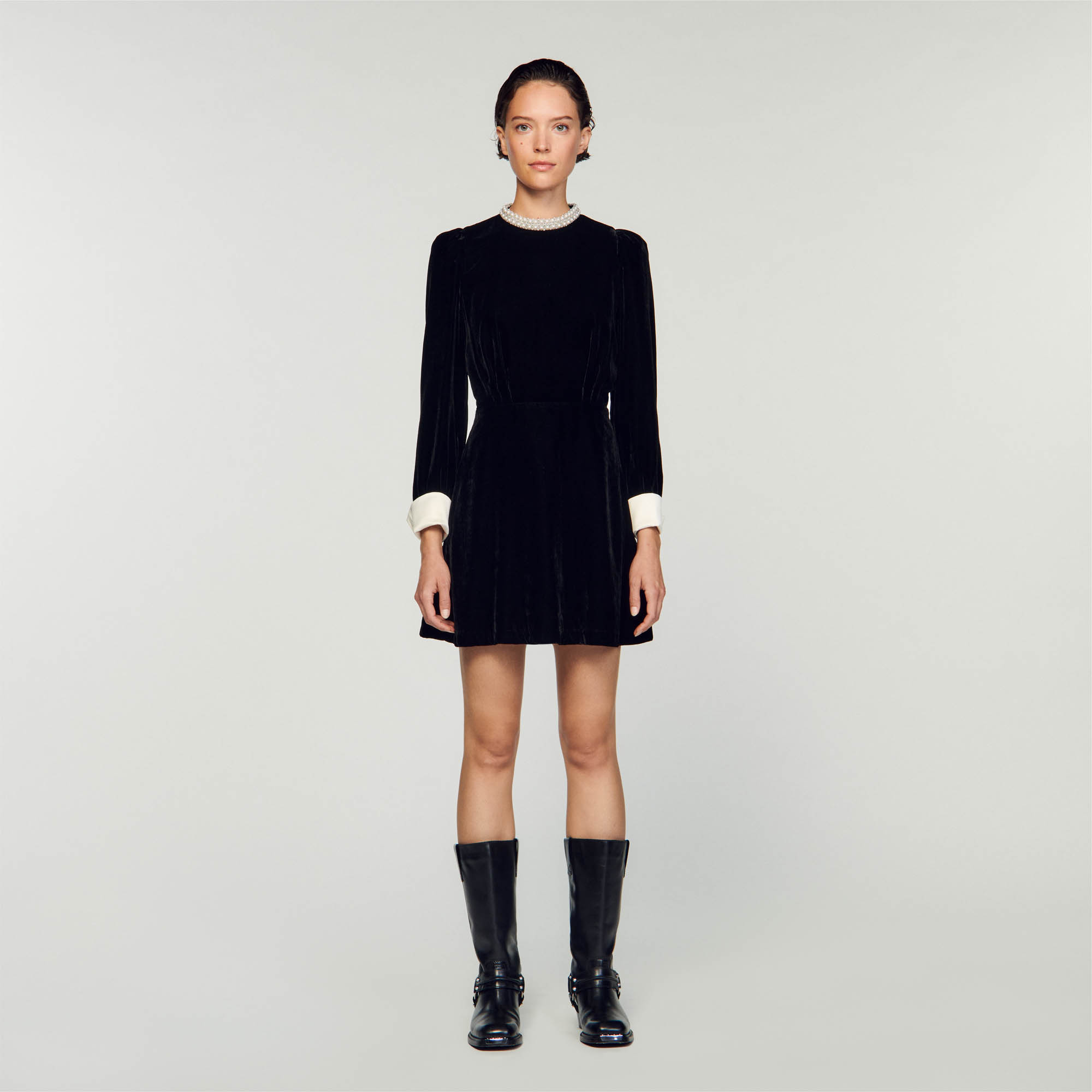 Sandro viscose Short velvet dress featuring a beaded neck, long sleeves with satin-effect button cuffs and a flared skirt