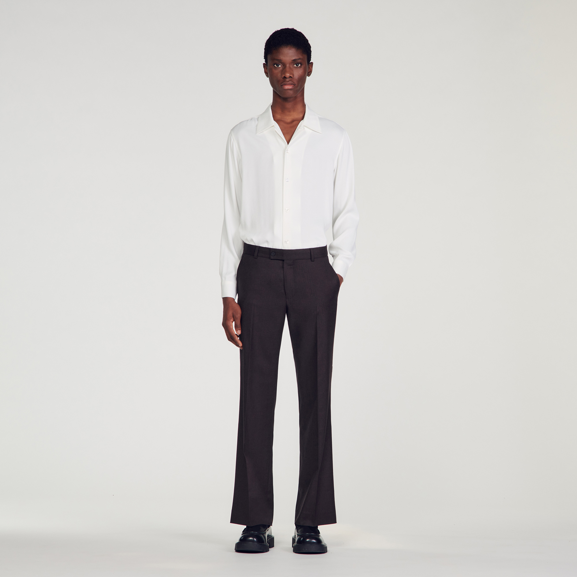 Sandro virgin wool Belt lining: Wide-leg virgin wool suit pants with high waist, front and back pockets