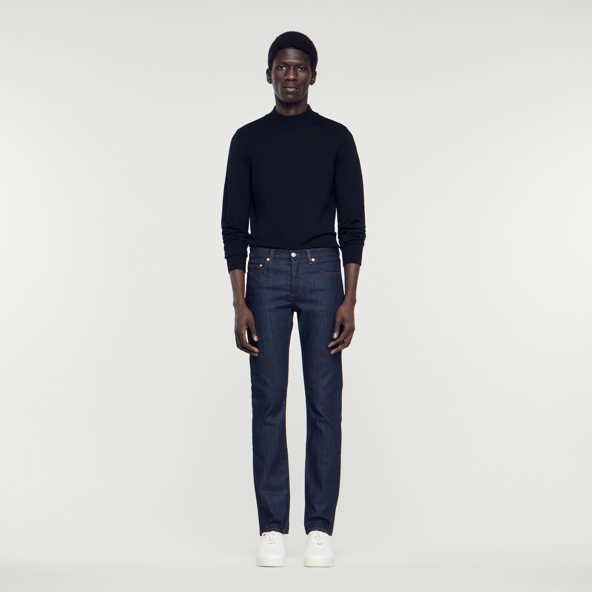Sandro cotton Sandro raw jeans â€¢ Narrow cut (hem width: 17 cm) â€¢ Cotton â€¢ Five pockets â€¢ Classic waist â€¢ Button fastening under placket â€¢ Contrasting topstitching â€¢ Model is wearing a size 3 The cotton in this item was produced organically via a cultivation method that preserves biodiversity and bans the use of pesticides and GMOs