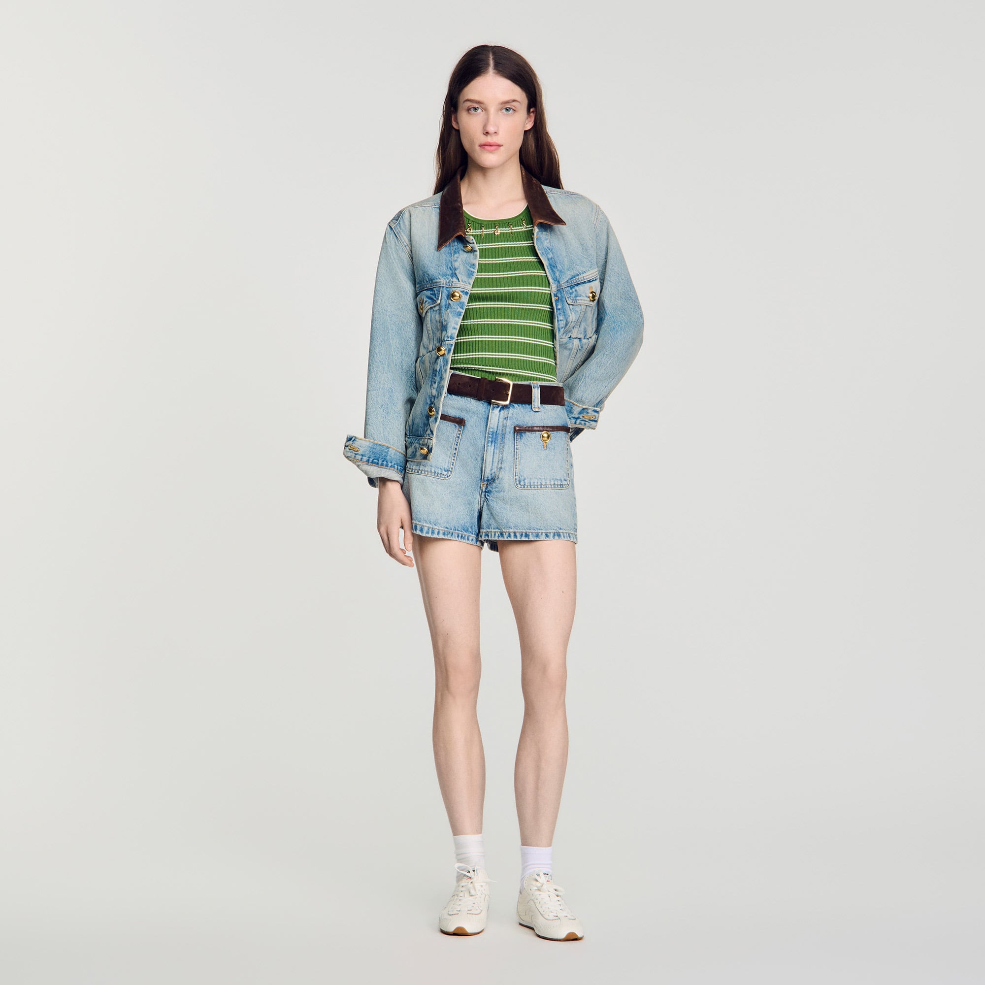 Denim shorts with leather detail