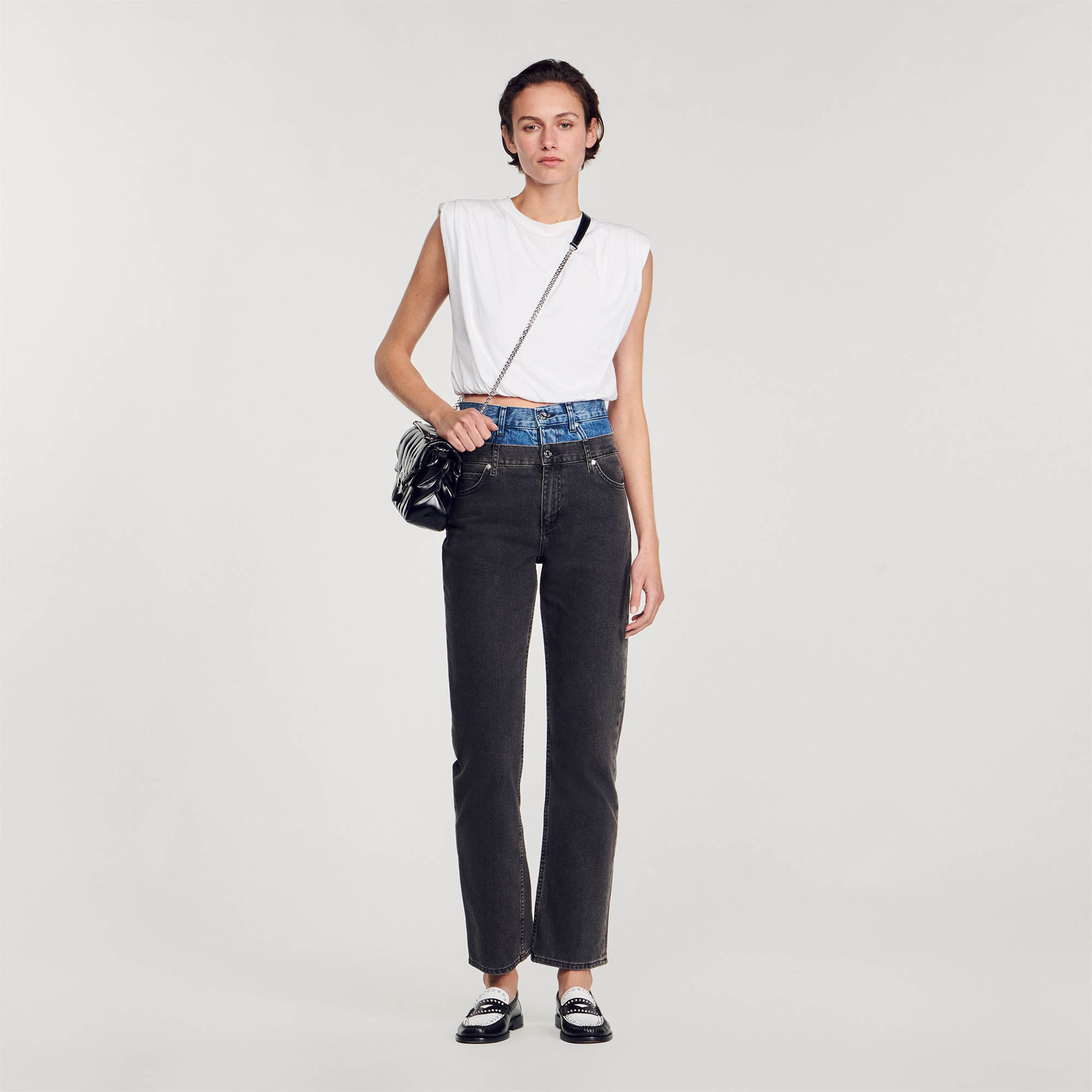 Sandro cotton Yoke: Denim mom jeans featuring a two-tone double waist with a trompe-l'ail effect