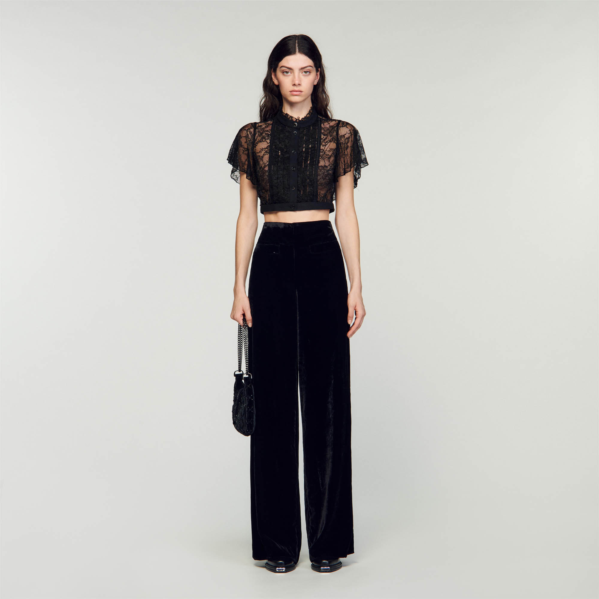 Sandro viscose Wide-leg velvet pants with ironed creases on the front and darts at the back, and piping on the waist