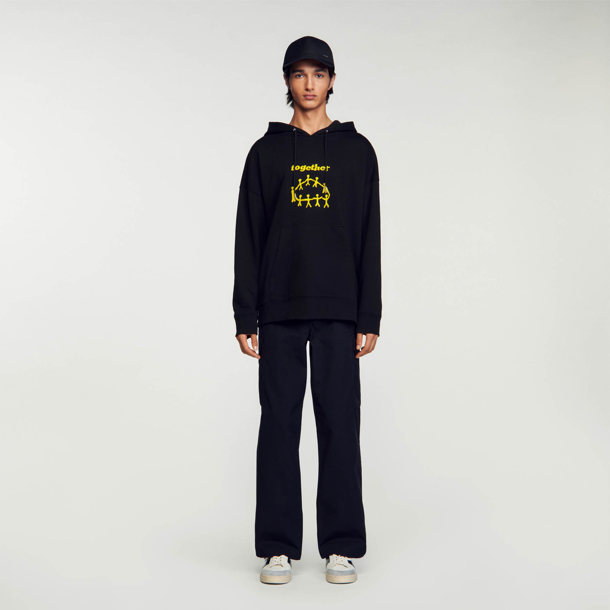 Sandro cotton Rib: Oversized hoodie in brushed cotton fleece with drawstring hood, long sleeves and kangaroo pouch pocket, embellished with front Together flocking and contrasting Sandro embroidery