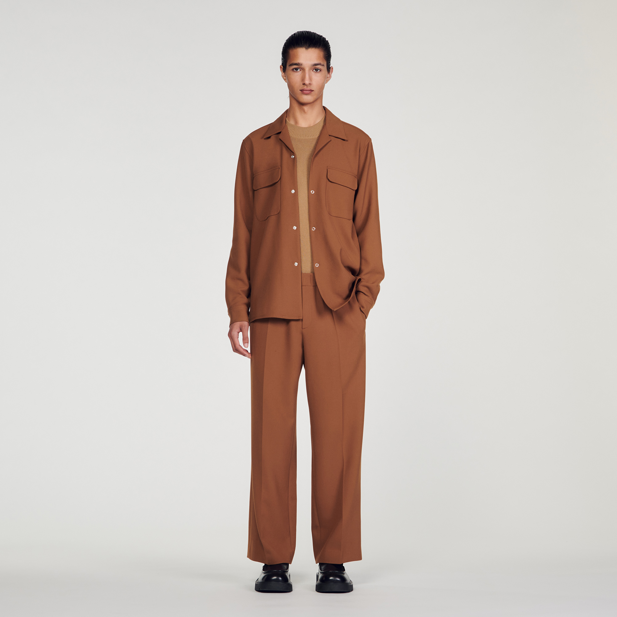 Sandro polyester Oversized shirt featuring a shark collar and long sleeves with buttoned cuffs, a button fastening and two patch pockets on the chest