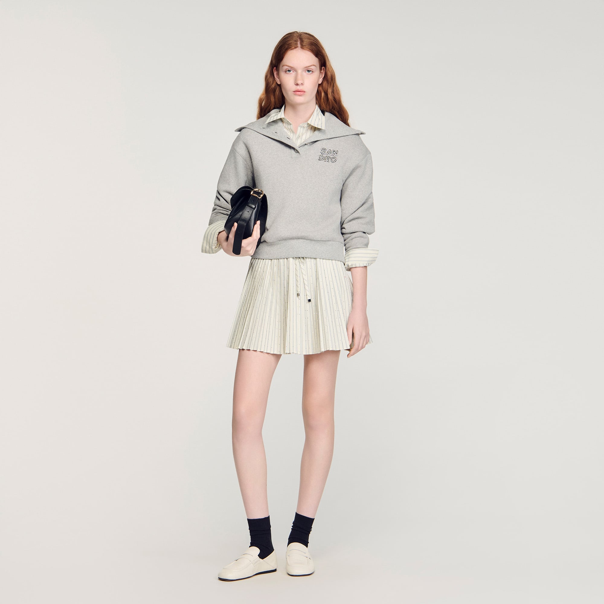 Sandro polyester Mini, flared pleated skirt with stripes and embellished with rhinestones