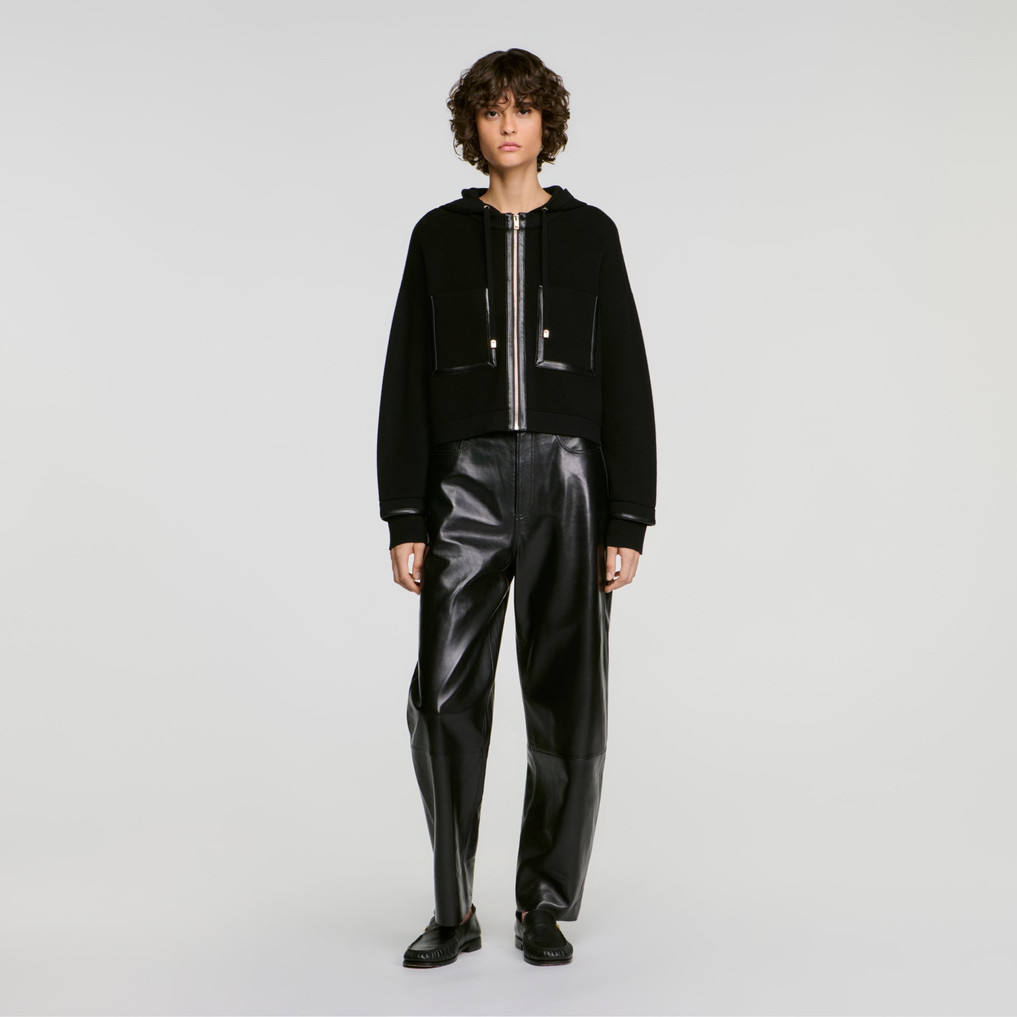 Hooded cardigan with leather trim