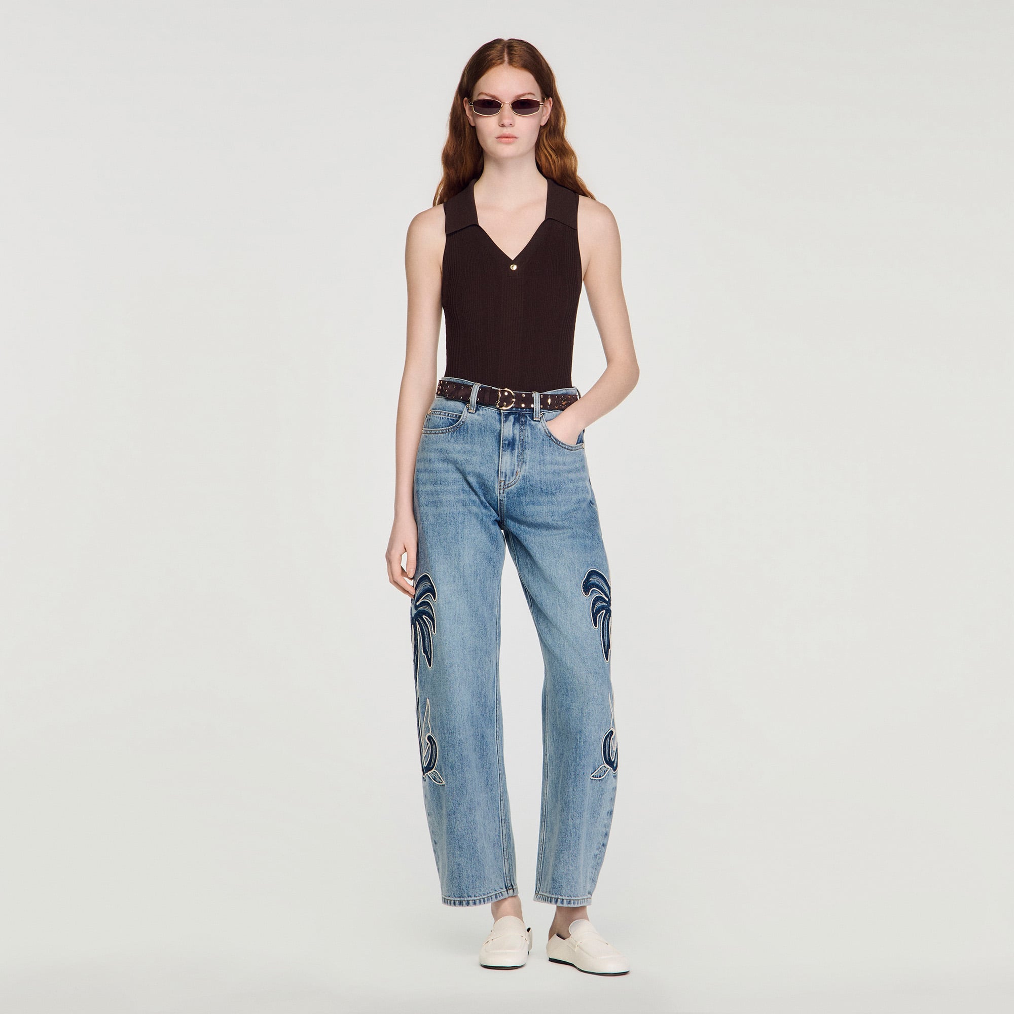 Sandro viscose Slim-fit rib-knit bodysuit with polo collar and V-neck with metal press stud