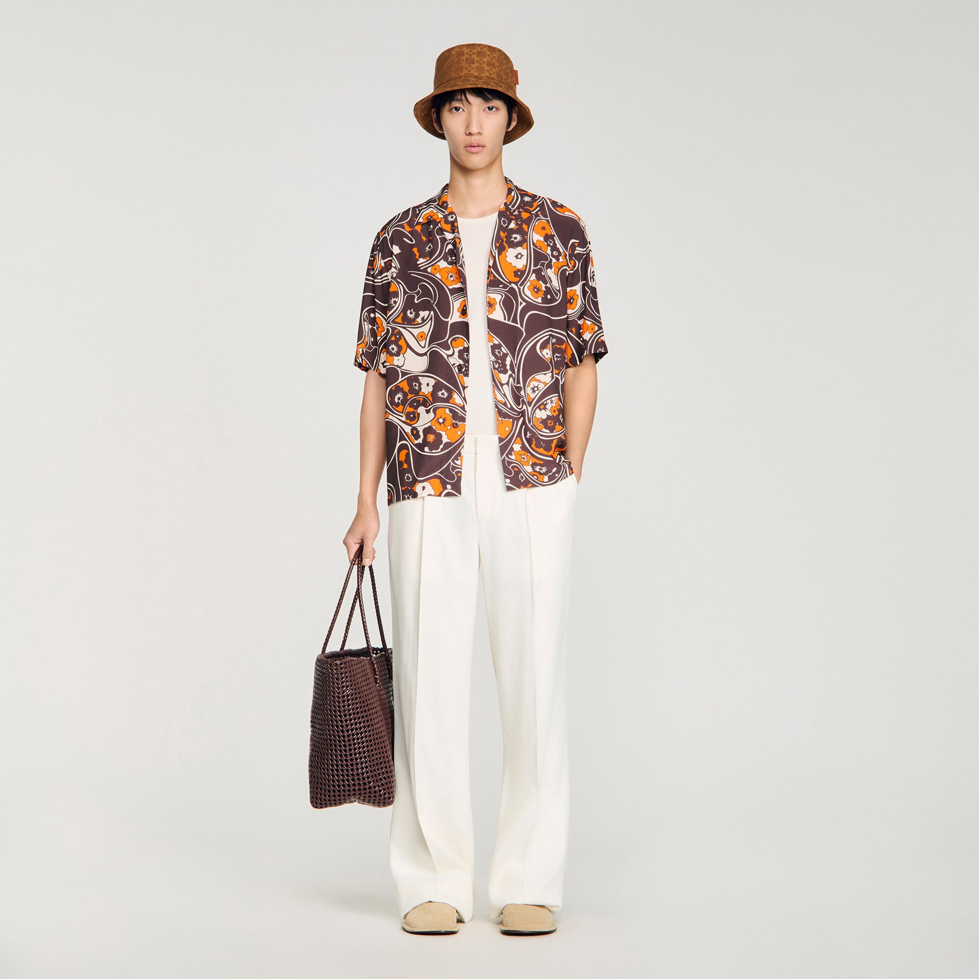 Loose-fit print shark collar shirt in Navy Blue for Men | Sandro Paris