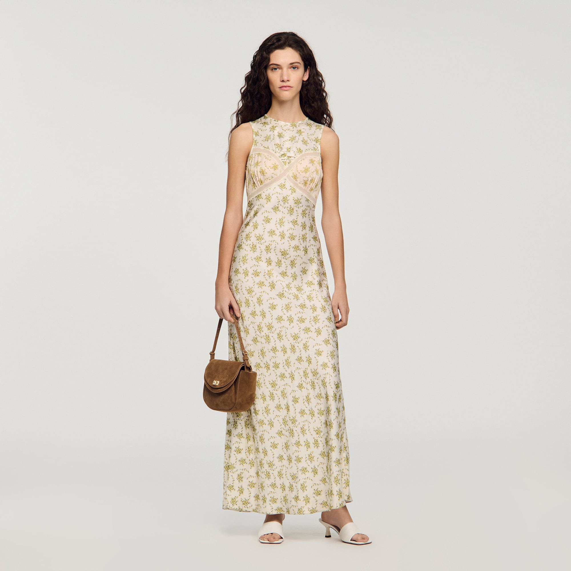 Flower print maxi dress in Olive / Ecru for Women | Sandro Paris