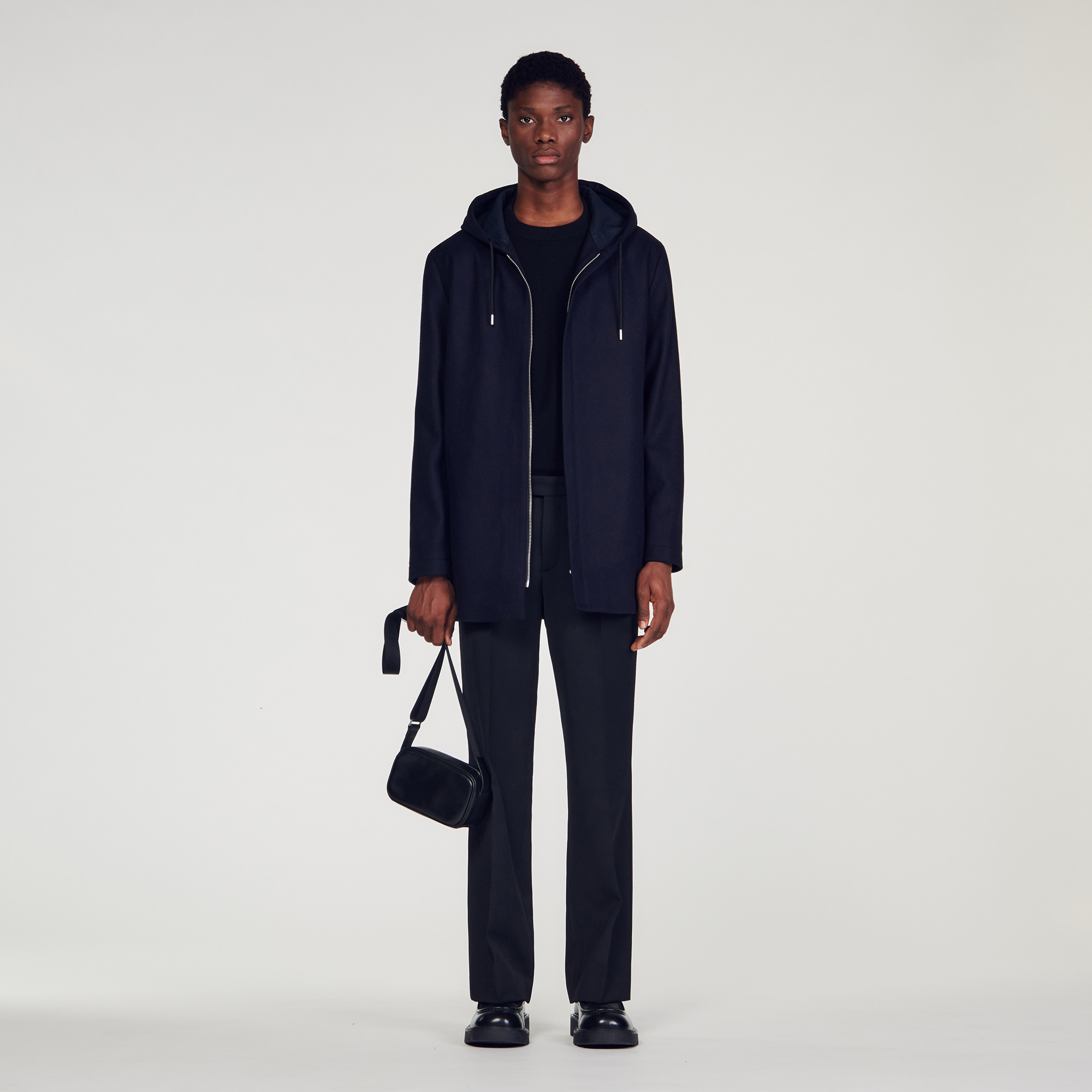 Sandro wool Mid-length coat with zip opening, drawstring hood and long sleeves