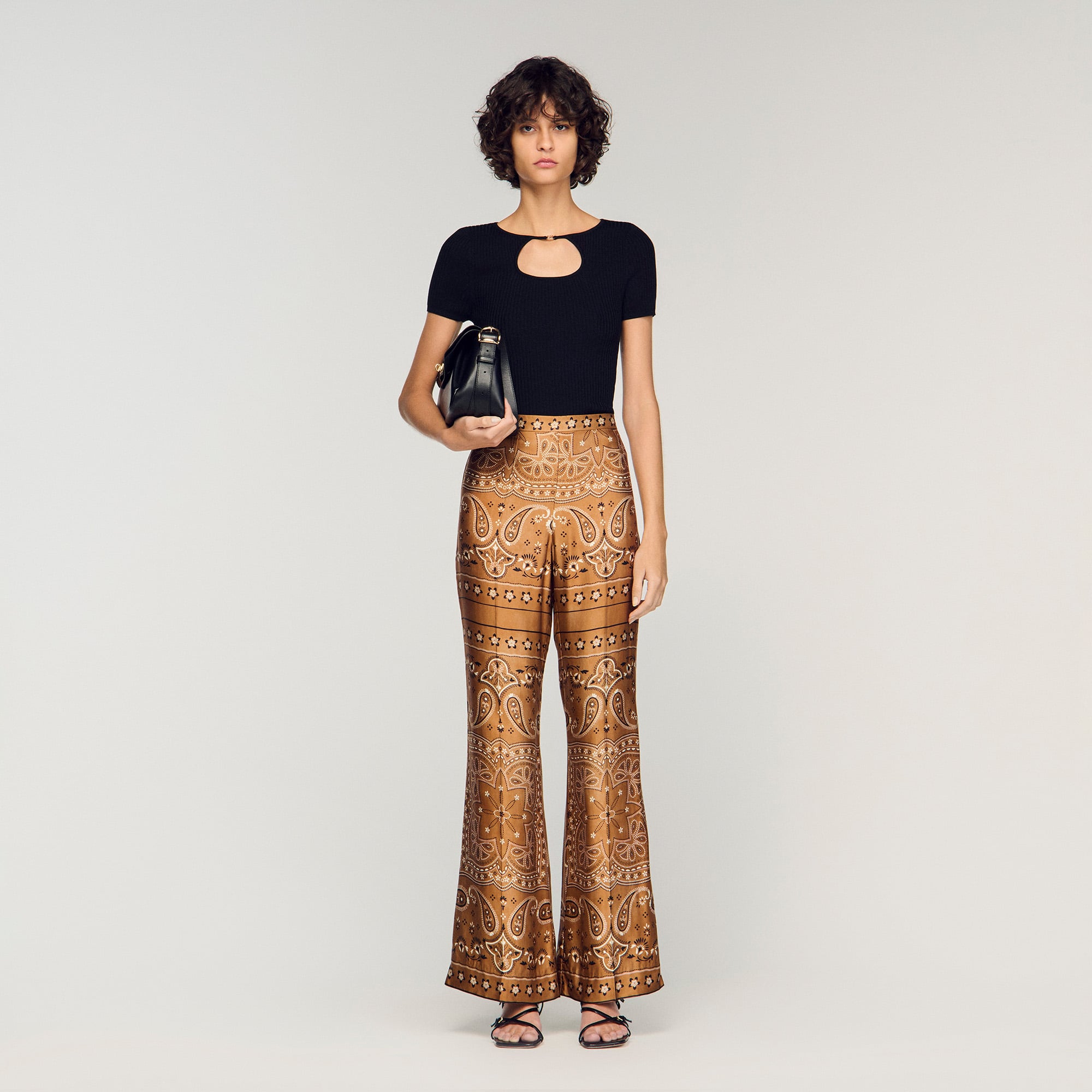 Sandro viscose Slim-fit ribbed knit top with openwork round neckline, embellished with a jewel detail