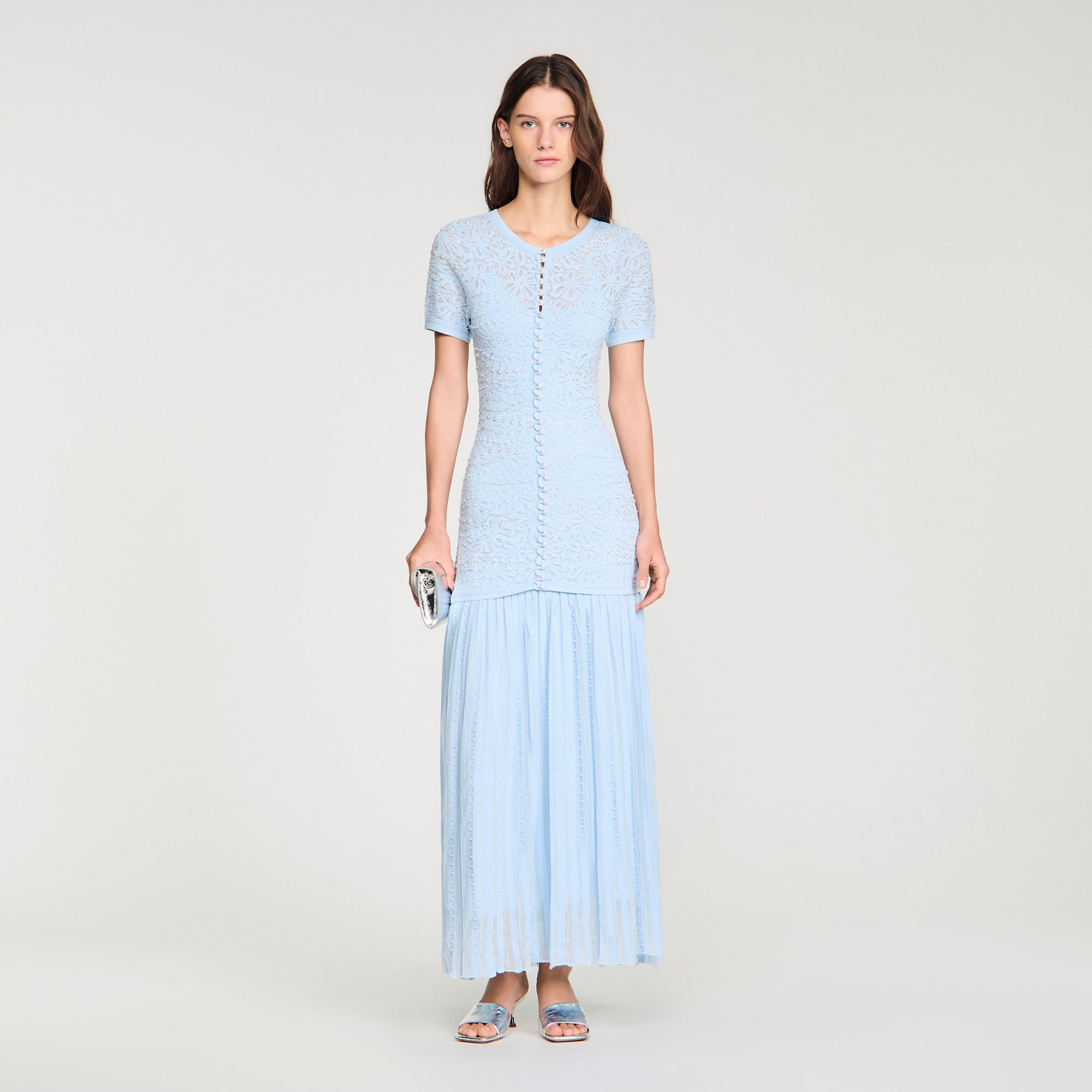 Beaded knit maxi dress in white for Women | Sandro Paris