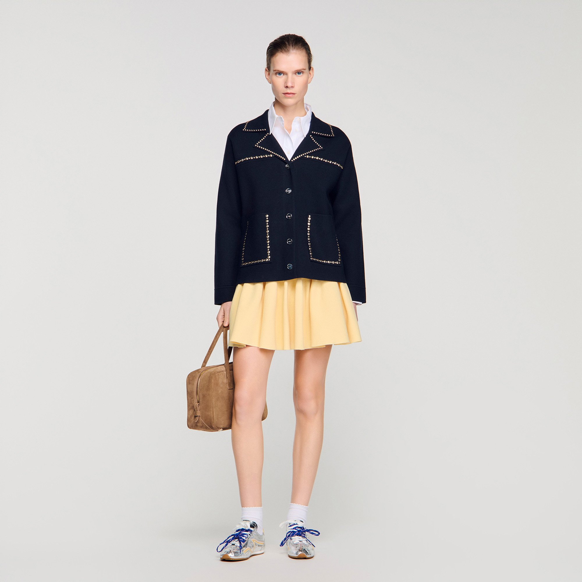 Studded blazer collar cardigan in Navy Blue for Women | Sandro Paris
