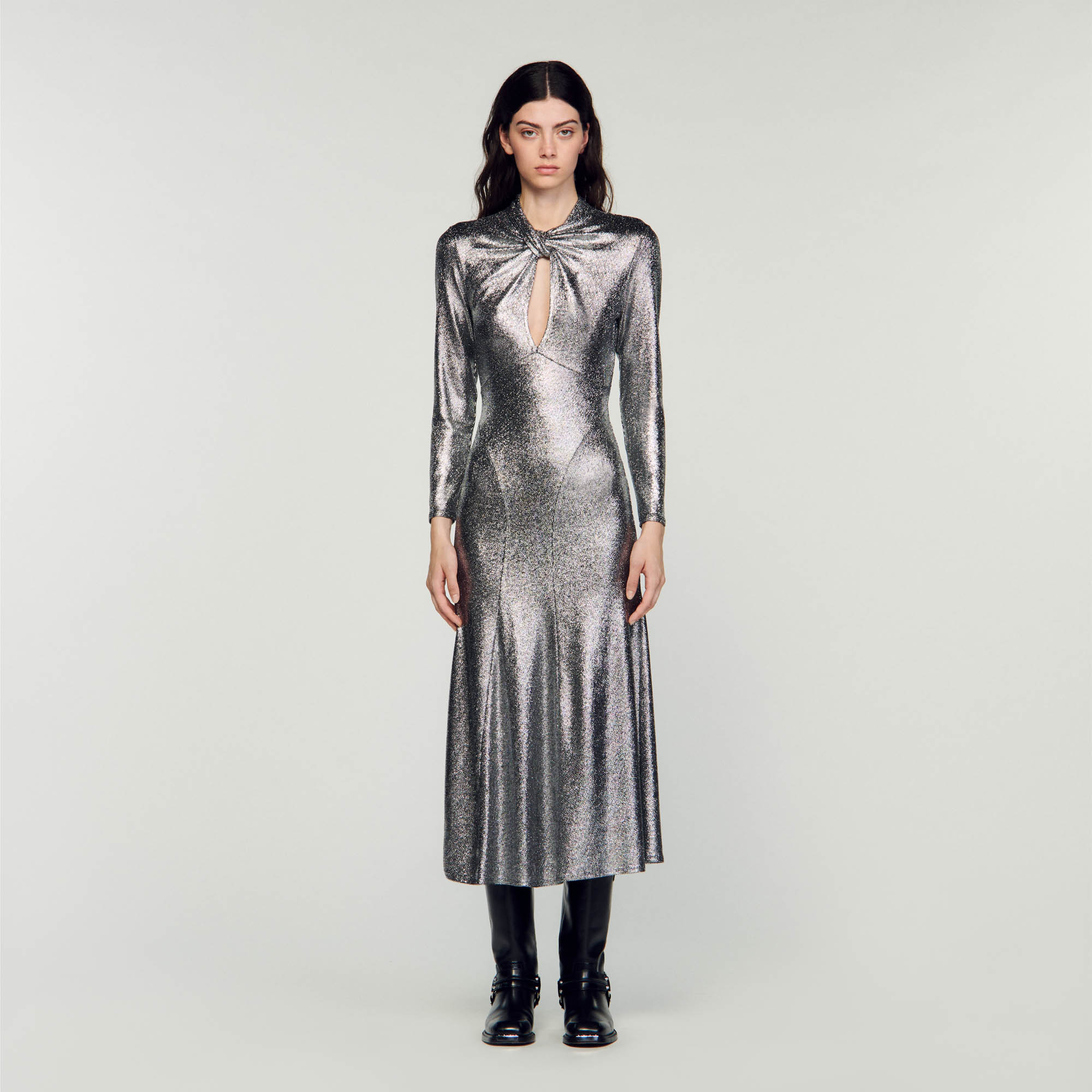Sandro polyamide Metallic maxi dress featuring an openwork twist-effect high neck, long sleeves and a delicately flared skirt at the bottom
