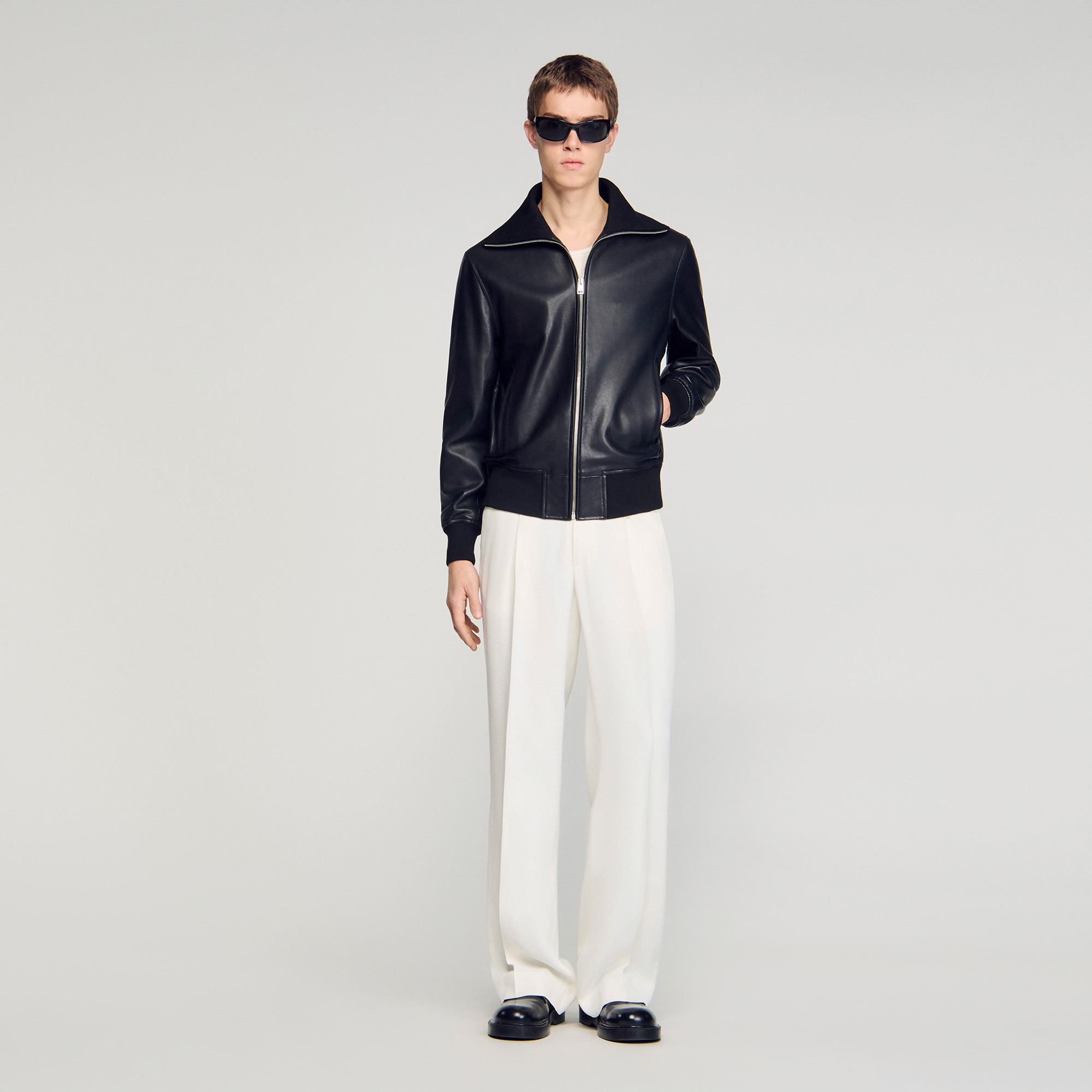 Zipped leather jacket in Black for Men | Sandro Paris