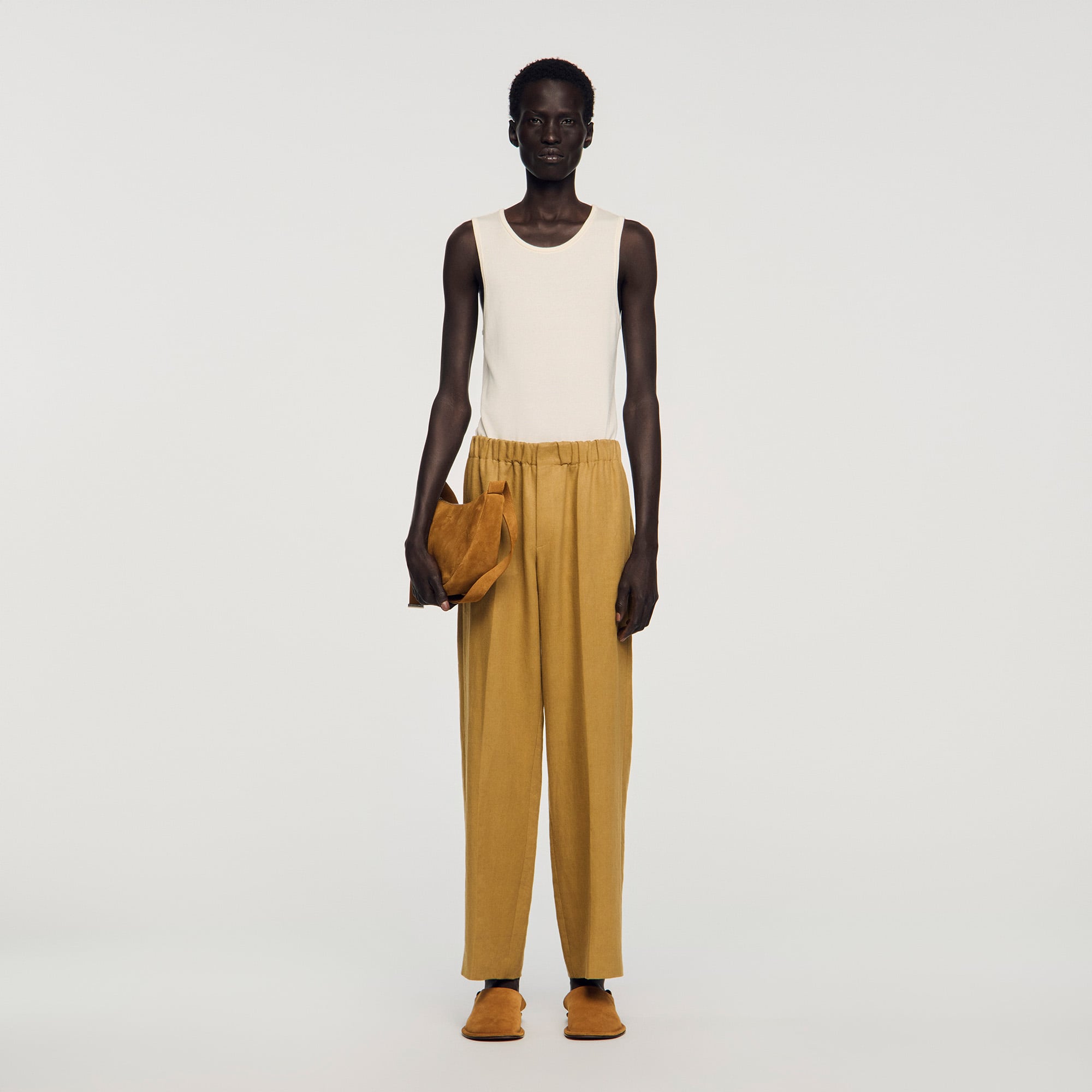 Sandro linen Wide-leg linen trousers with an elastic waist, side pockets and piped pockets at the back