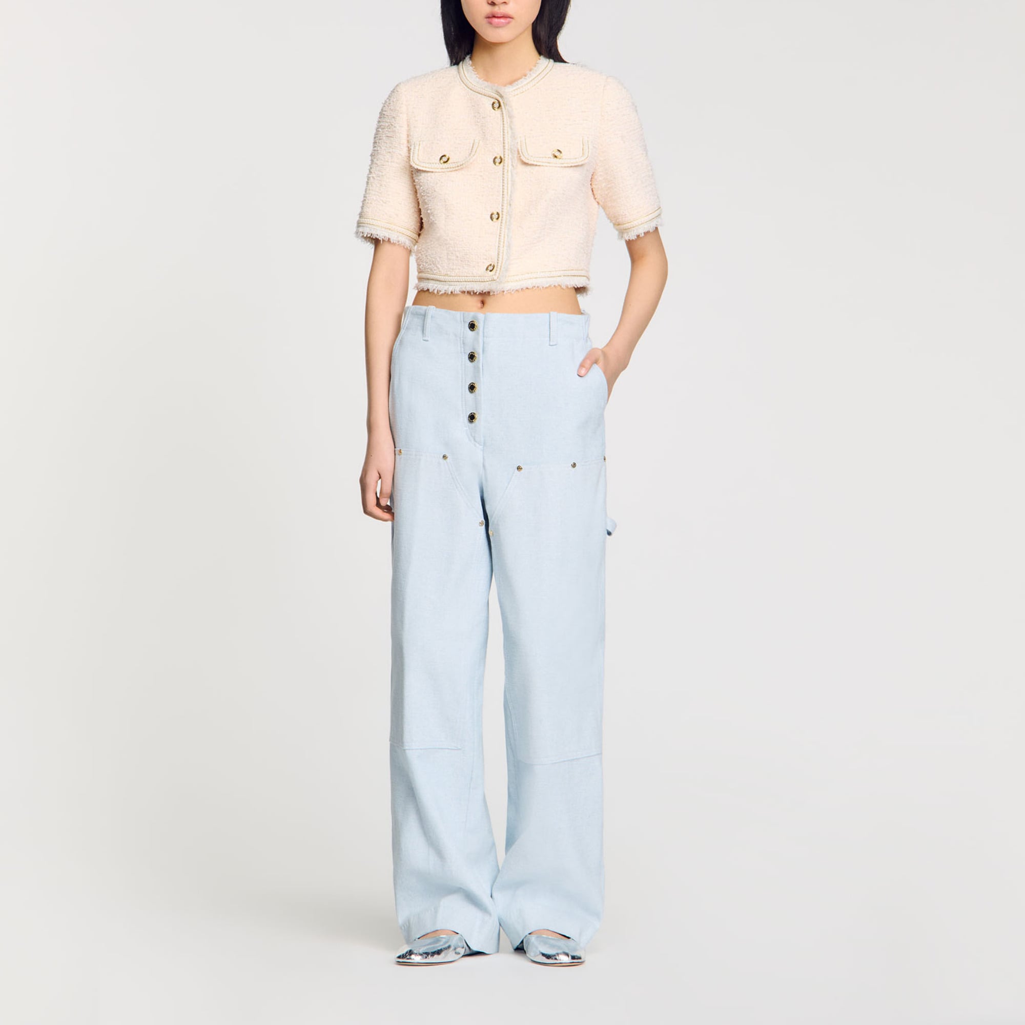 Sandro Short-sleeved Tweed Jacket In Ecru / Pink