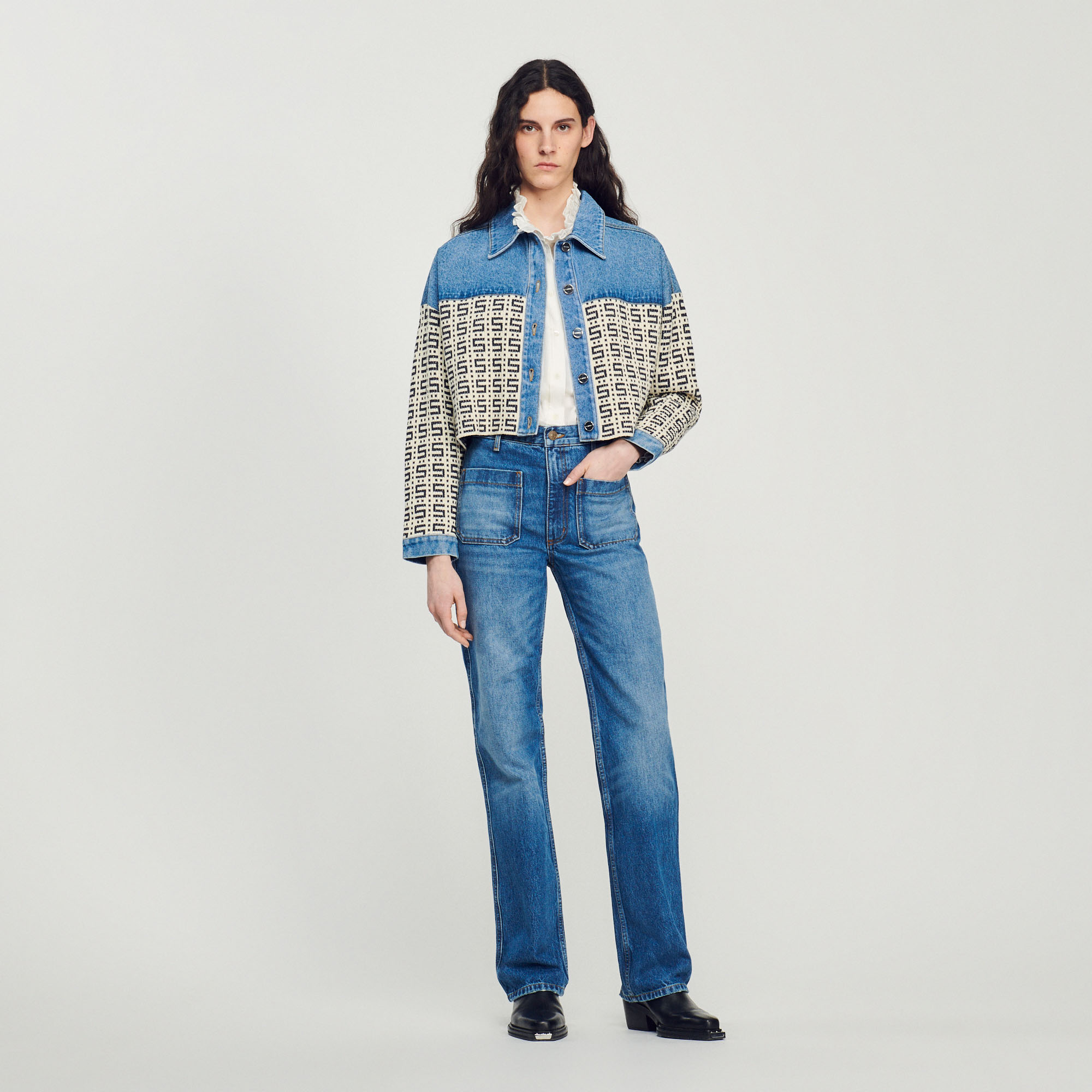 Sandro cotton Cropped coatigan in denim and a logo jacquard knit, featuring long sleeves and a central front fastening with button placket