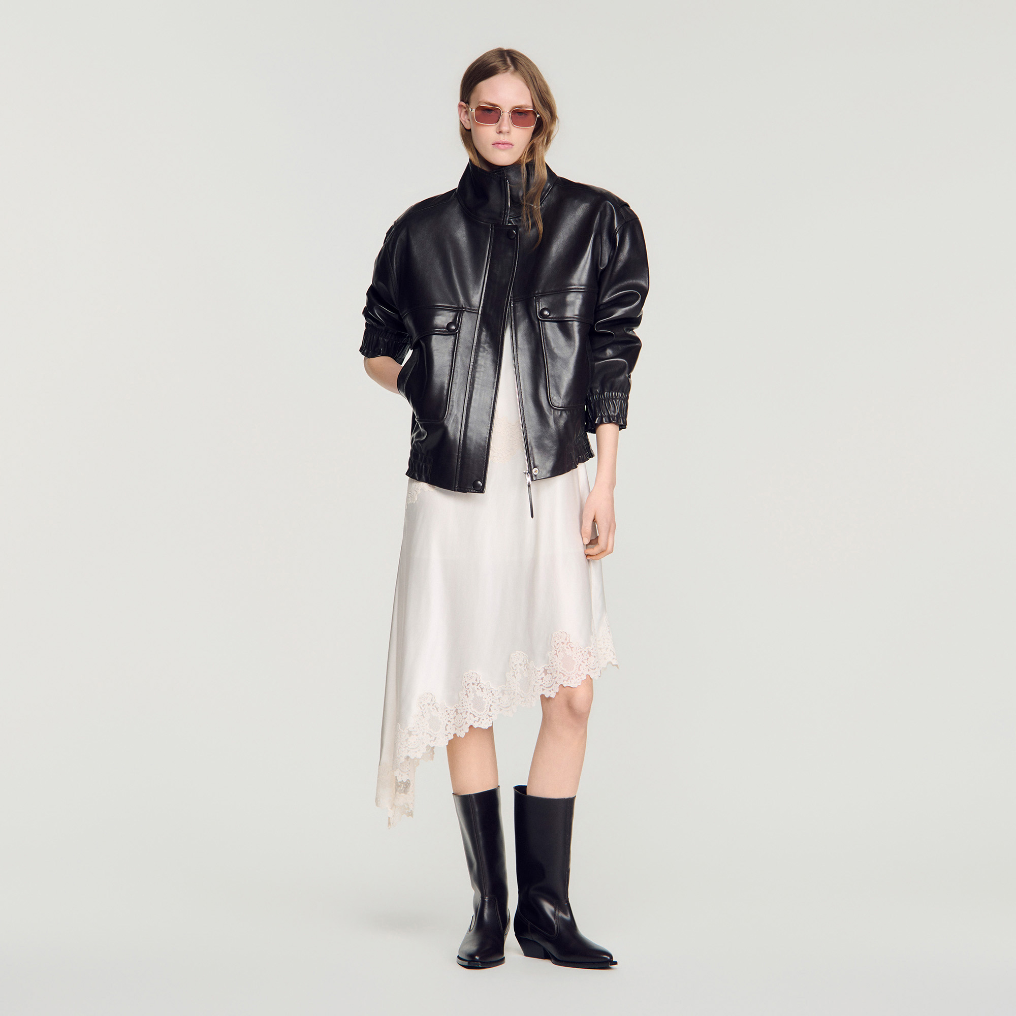 Standing collar leather jacket