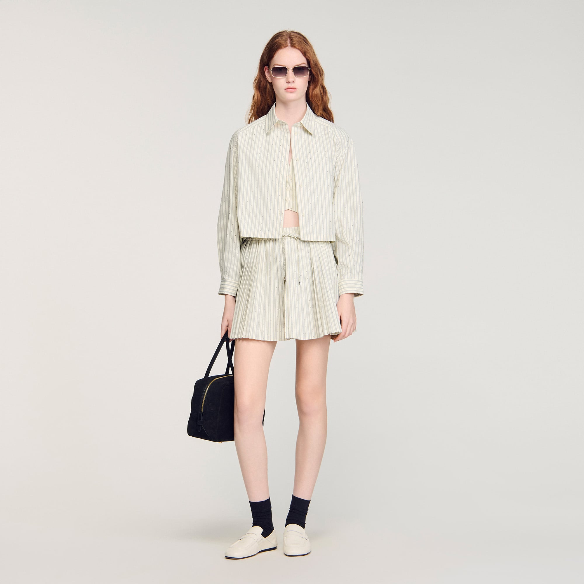 Sandro polyester Striped shirt embellished with rhinestones, featuring a shirt collar and long sleeves with buttoned cuffs