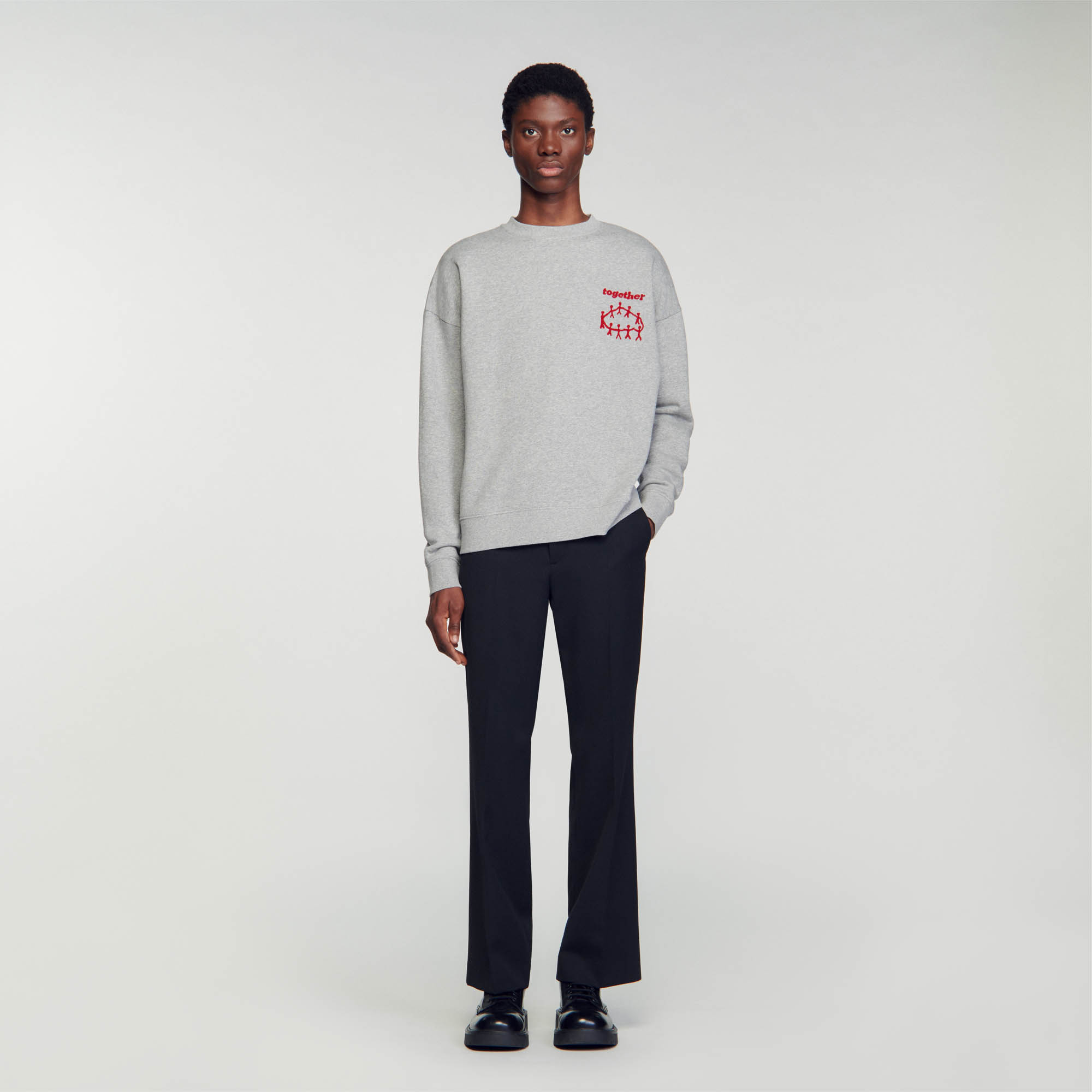 Sandro cotton Rib: Brushed cotton fleece sweatshirt with round neck and long sleeves, embellished with a Together flocking on the chest