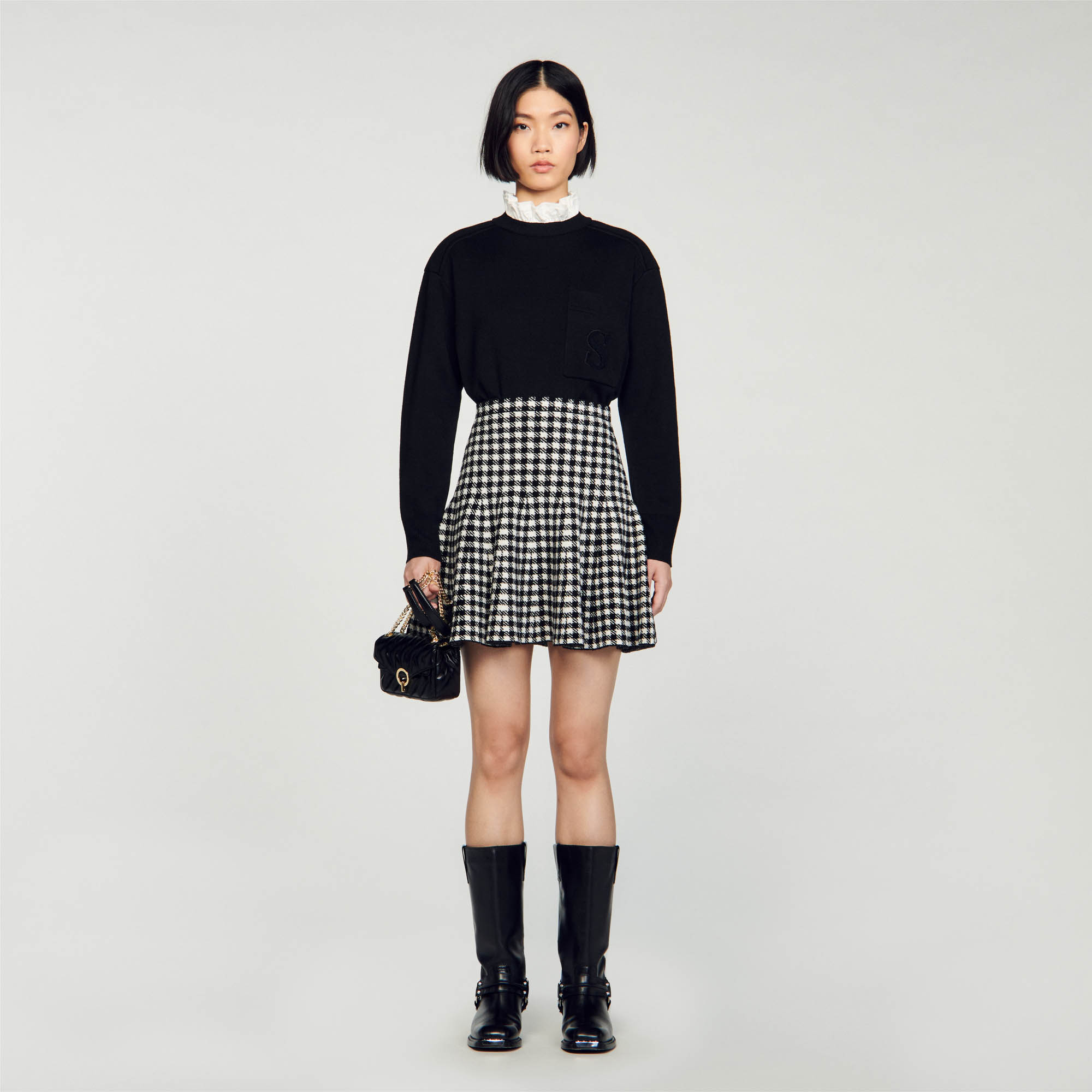 Sandro polyamide Short skirt in velvet-effect fancy knit with gingham pattern, high waist and flared design