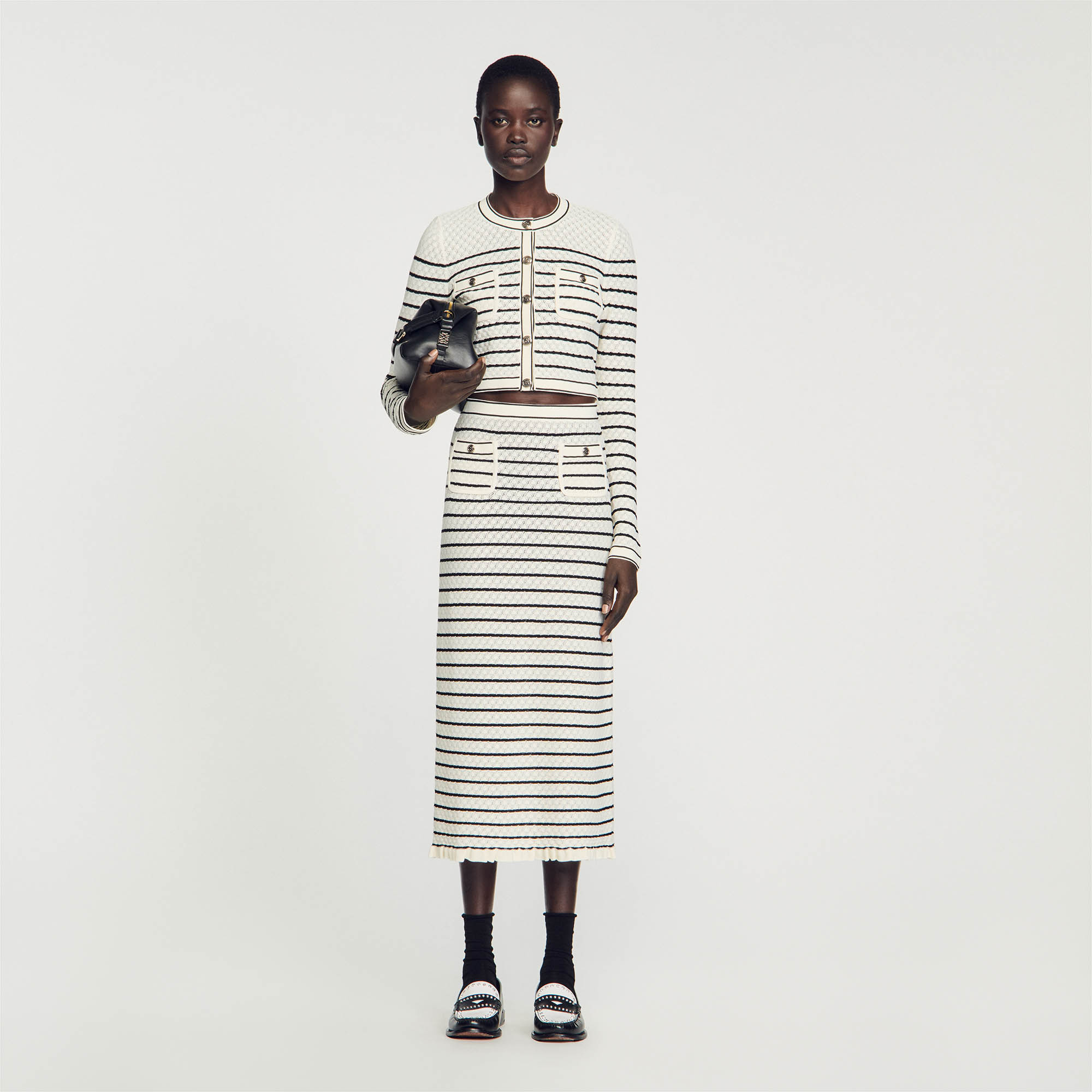 Sandro viscose Striped midi skirt in a decorative knit with a ruffle at the bottom