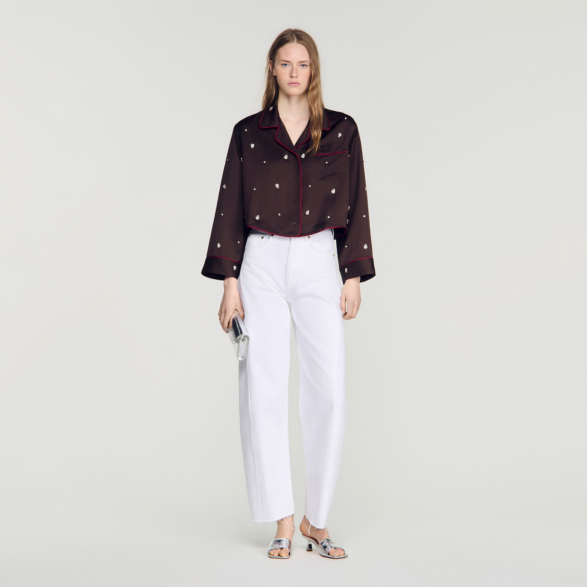 Shirt with beads and rhinestones