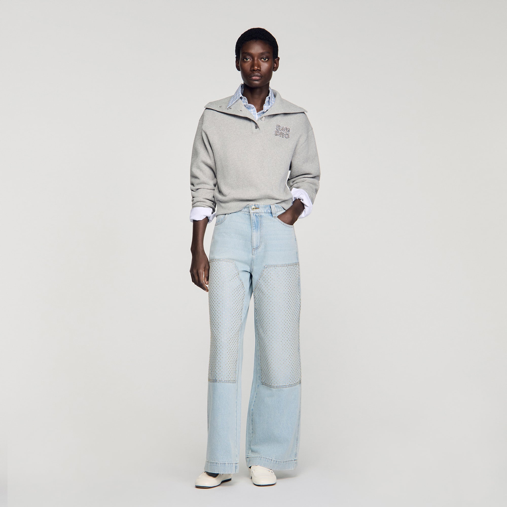 Faded straight crystal patch jeans