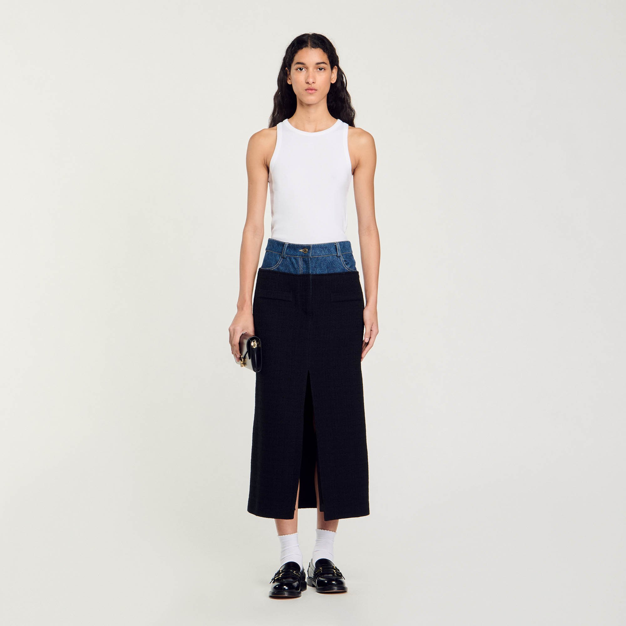 Dual-material denim and tweed skirt