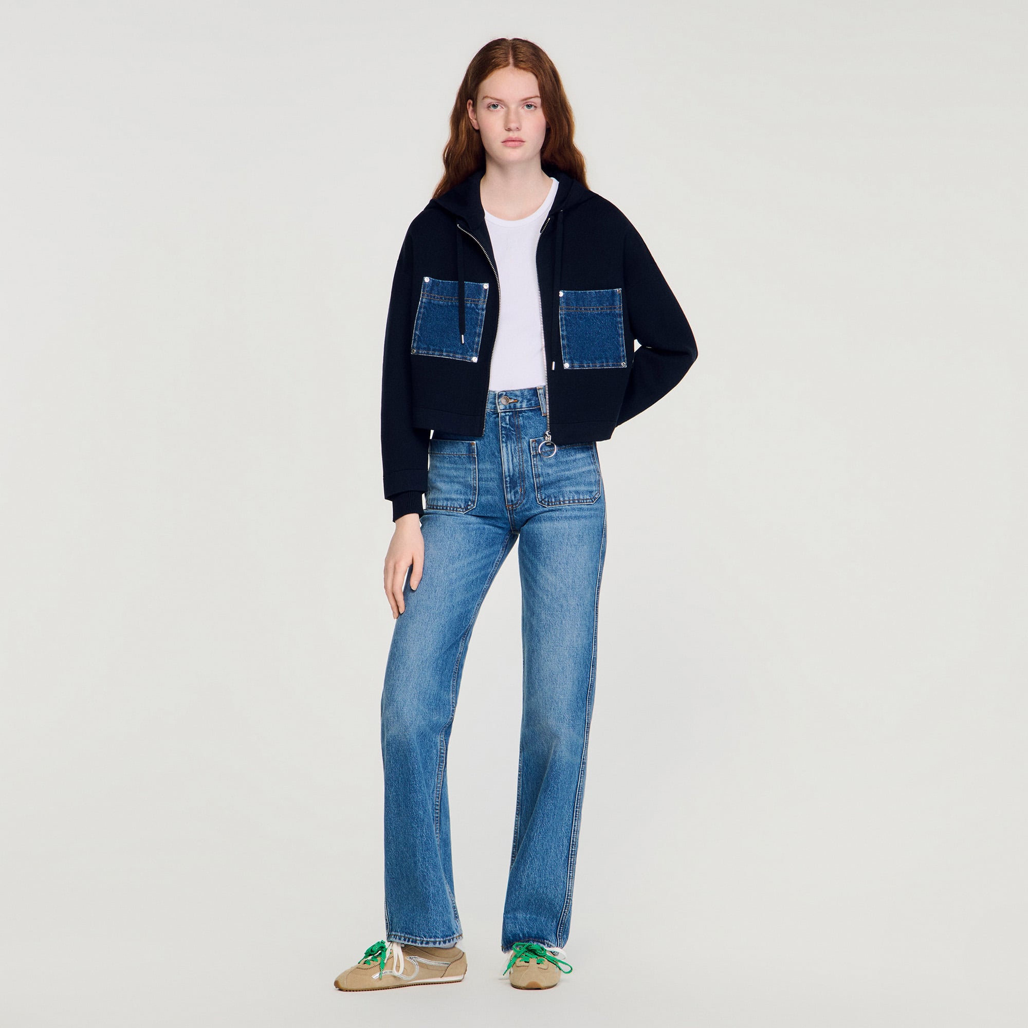 Knit and denim sweatshirt in Navy Blue for Women | Sandro Paris
