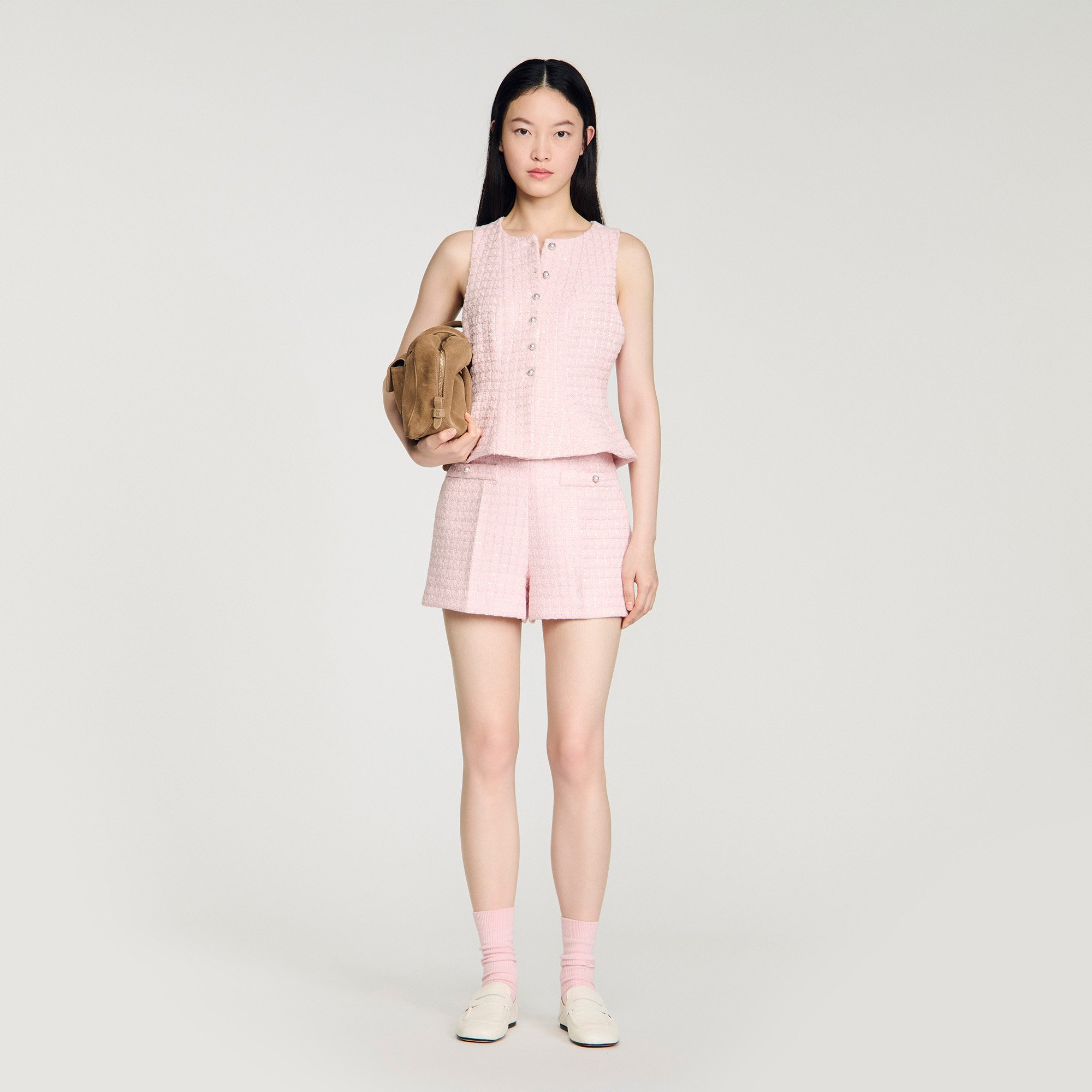 Sequin check tweed shorts pink For Women | Sandro Paris