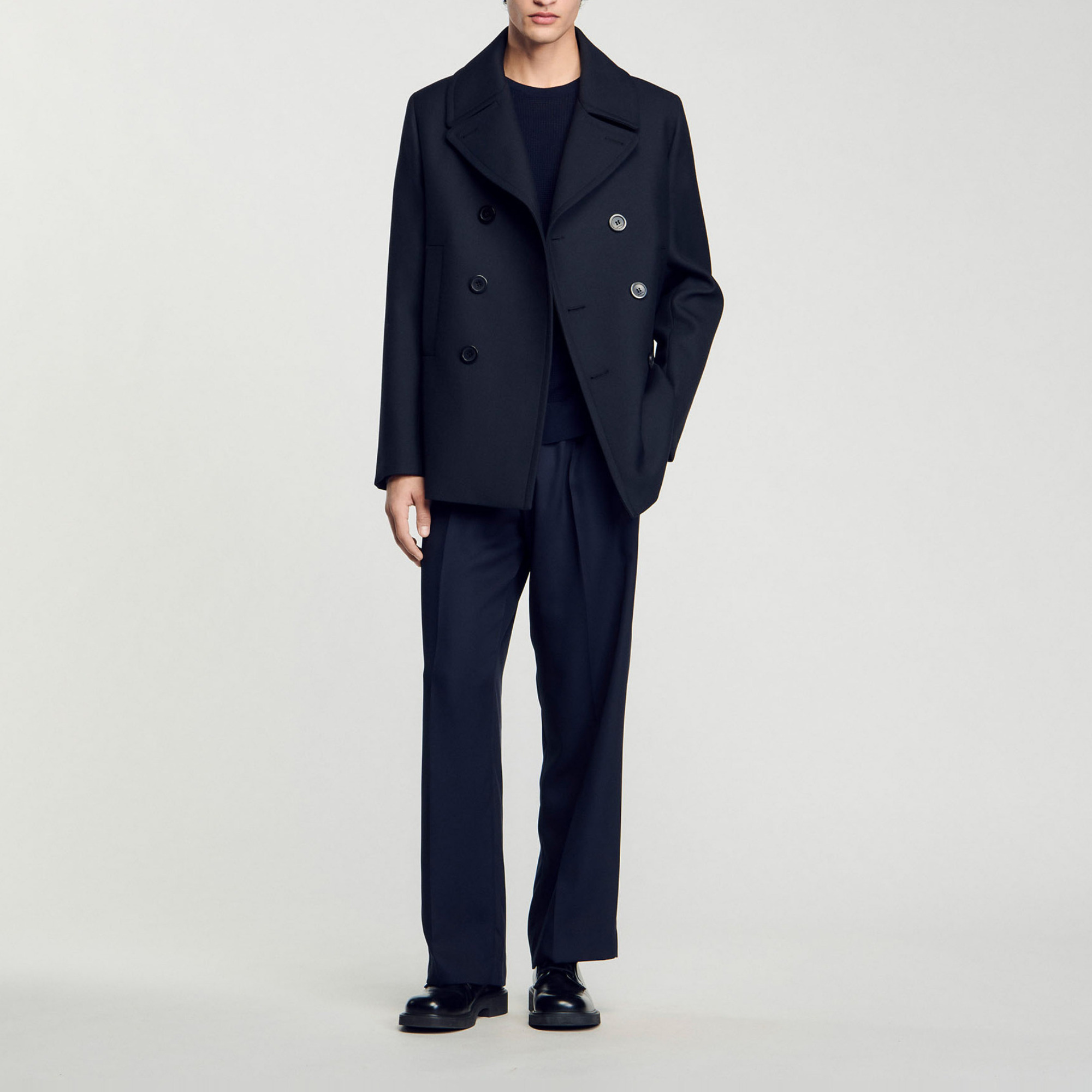 Sandro polyester Slightly padded wool blend peacoat with double-breasted design and lapel collar