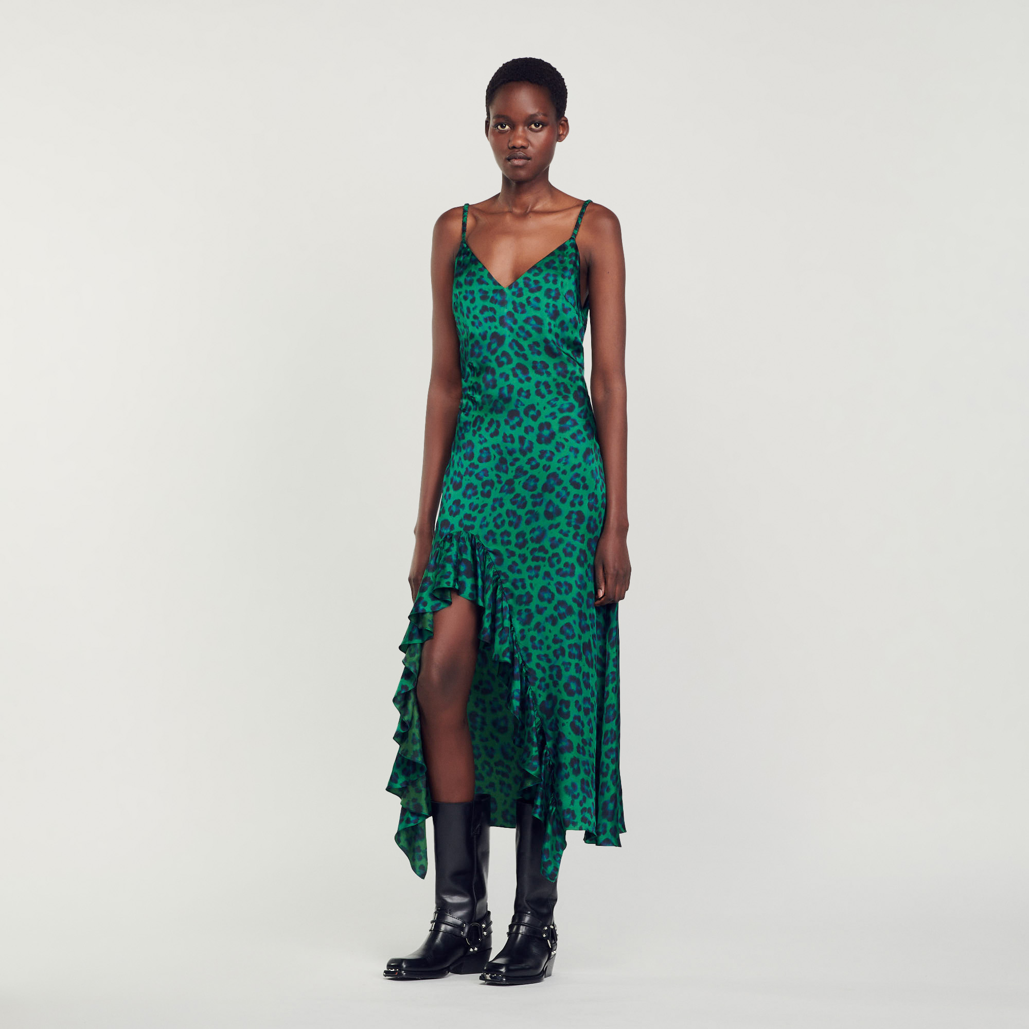 Sandro viscose Midi dress with narrow straps embellished with a leopard print and a low neckline, a draped effect on the side and a front ruffle slit