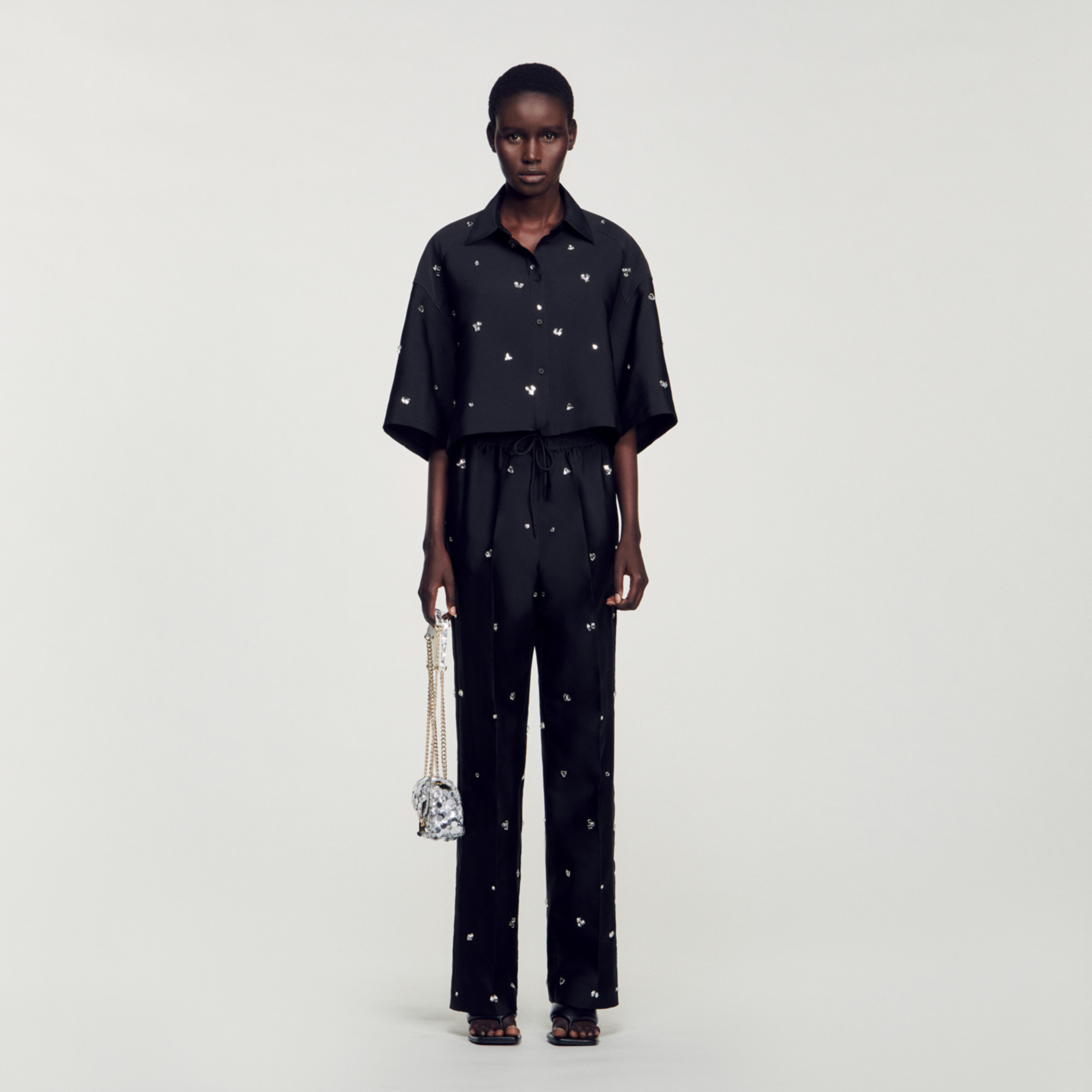 Sandro polyester Oversized cropped shirt with a shirt collar, long sleeves and a button fastening, embellished with rhinestones in an all-over design