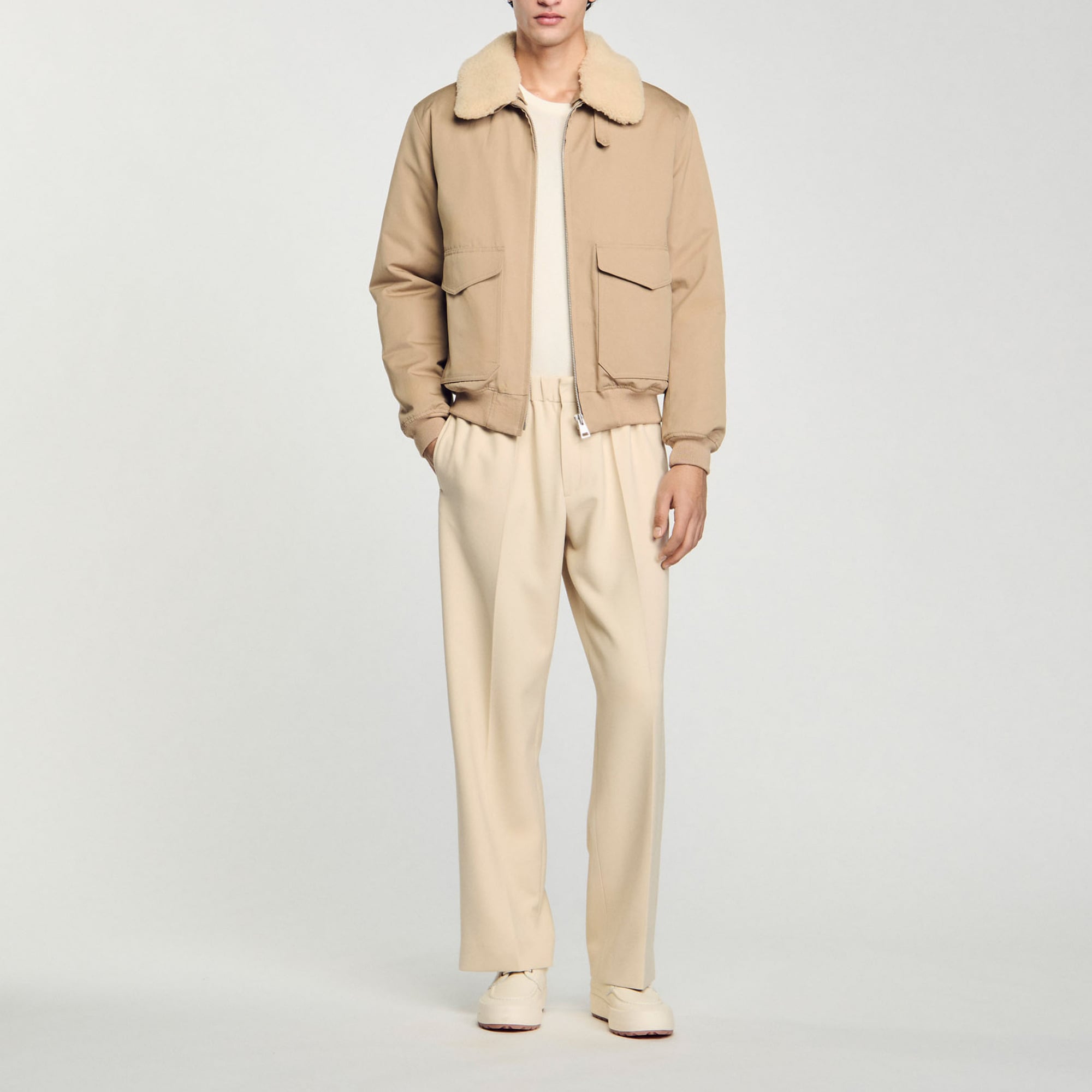 Sandro cotton Cotton aviator jacket with removable shearling collar, long sleeves and zip fastening with covered placket
