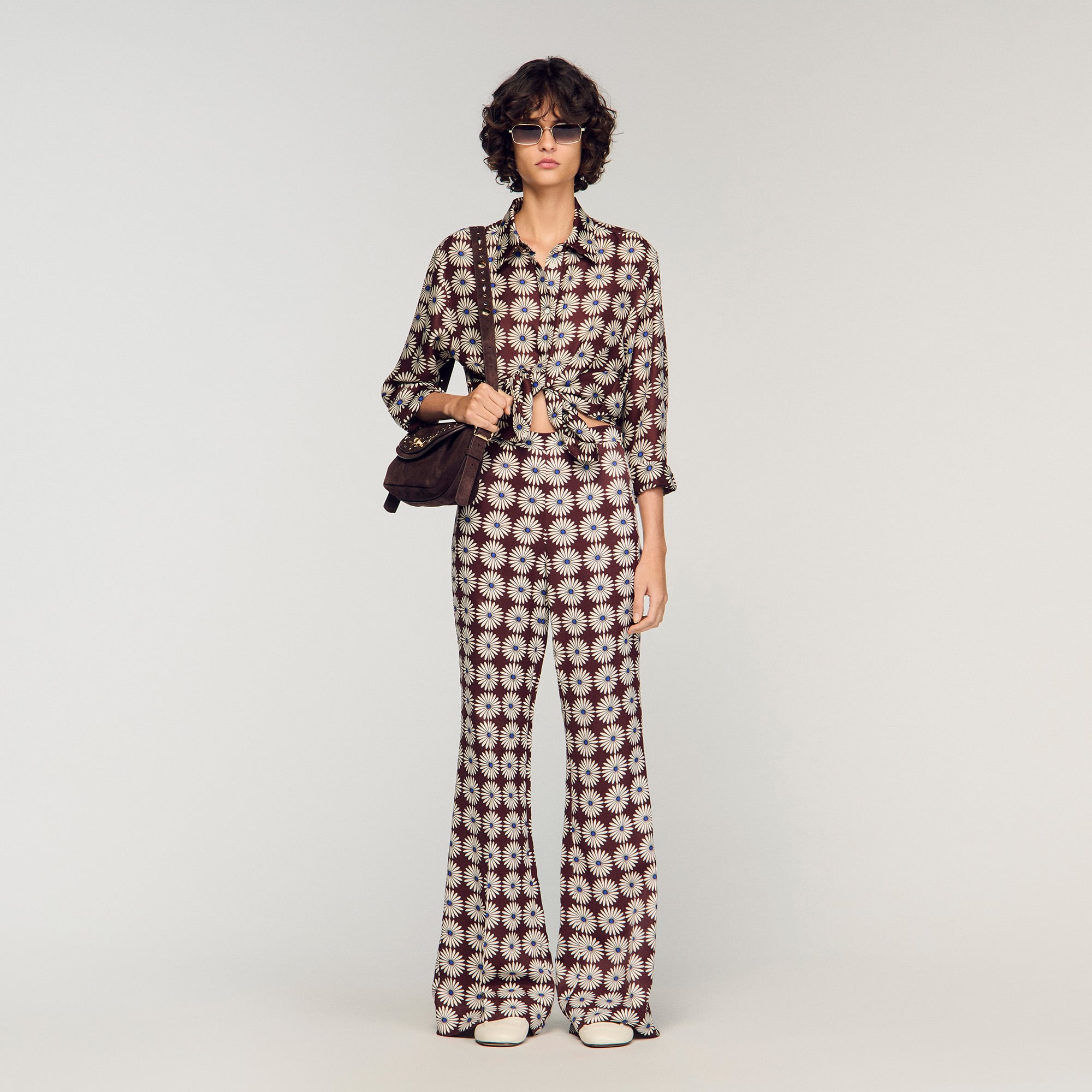 Floral print silk shirt in Marron / Bleu for Women | Sandro Paris