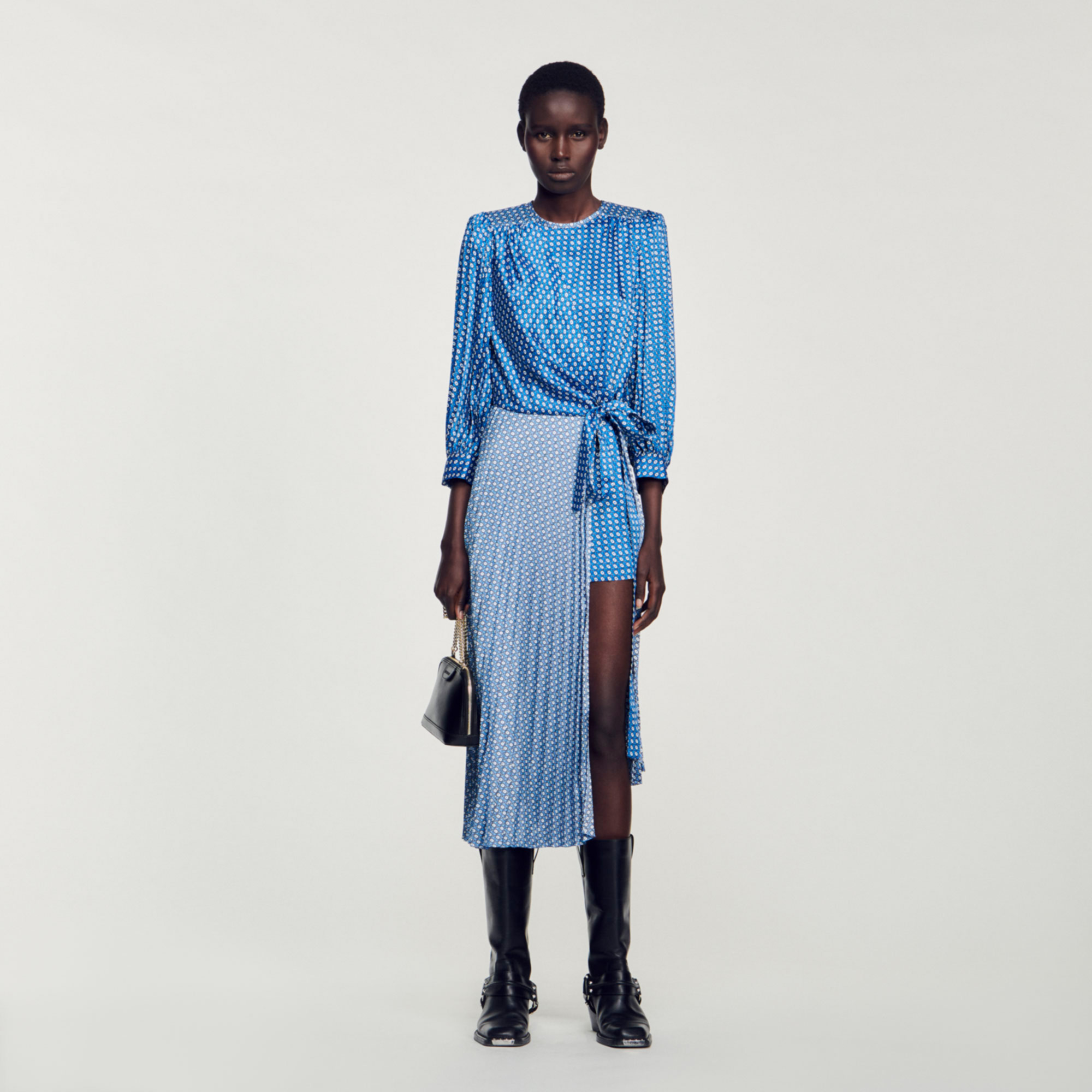 Sandro polyester Buttons: Long pleated satin wrap dress with a tie fastening at the side, long sleeves with gathered cuffs, underskirt shorts, and an all-over tie print