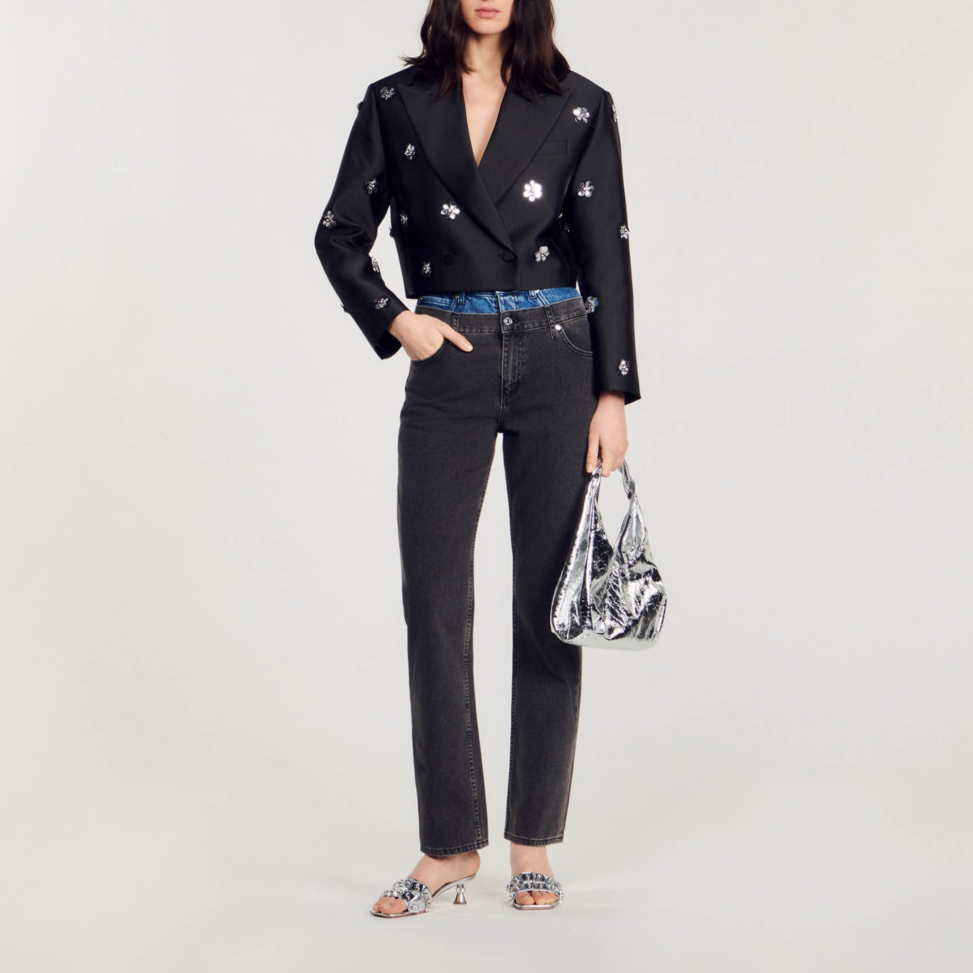 Sandro Short Satin-look Floral Jacket In Black