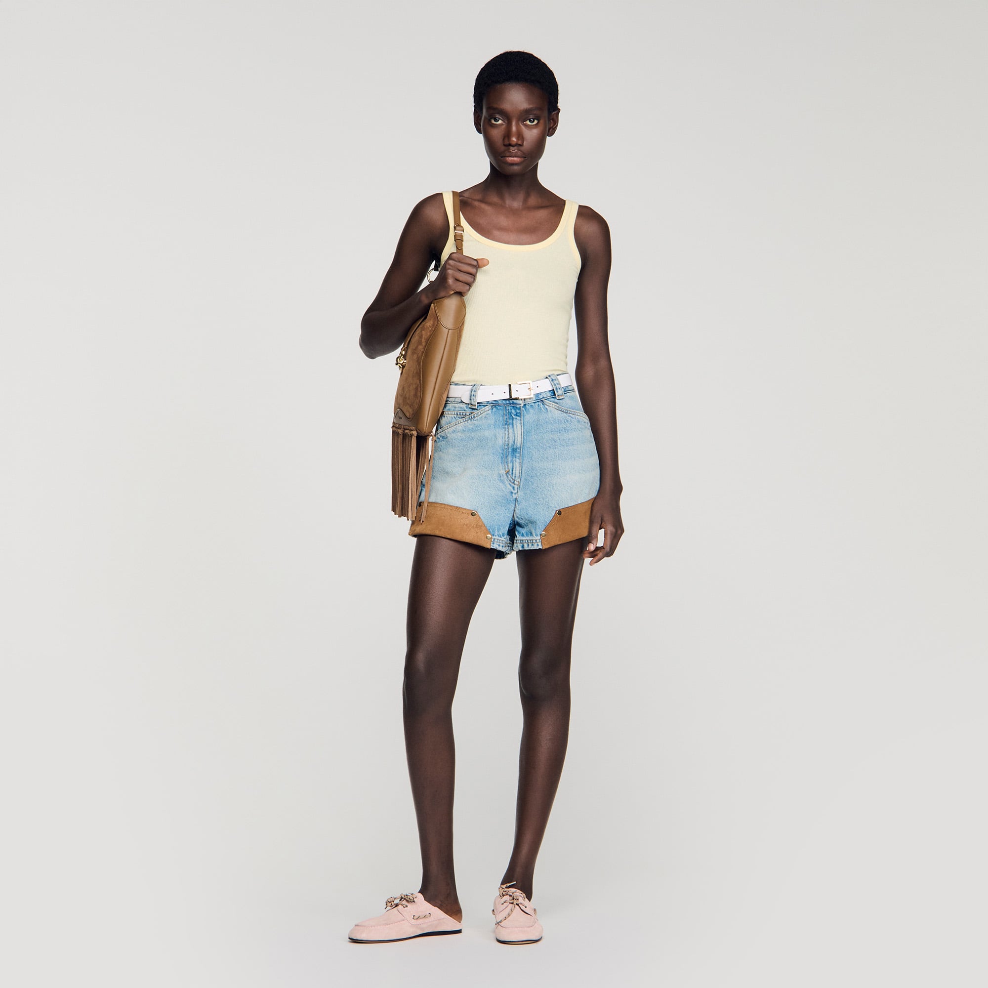 Sandro cotton Ribbed vest top with round neckline and tone-on-tone embroidery