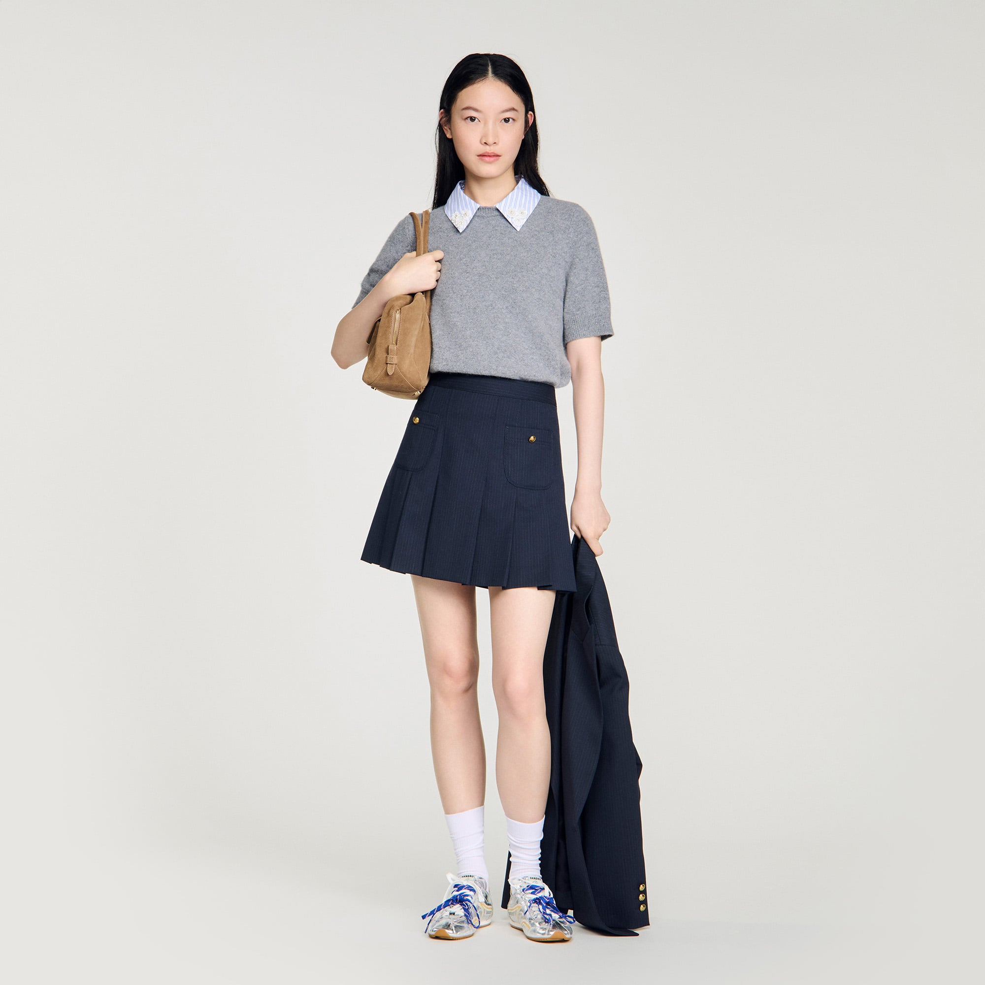Sandro wool Fine knit sweater with a removable, contrasting, striped and embroidered shirt collar and short sleeves