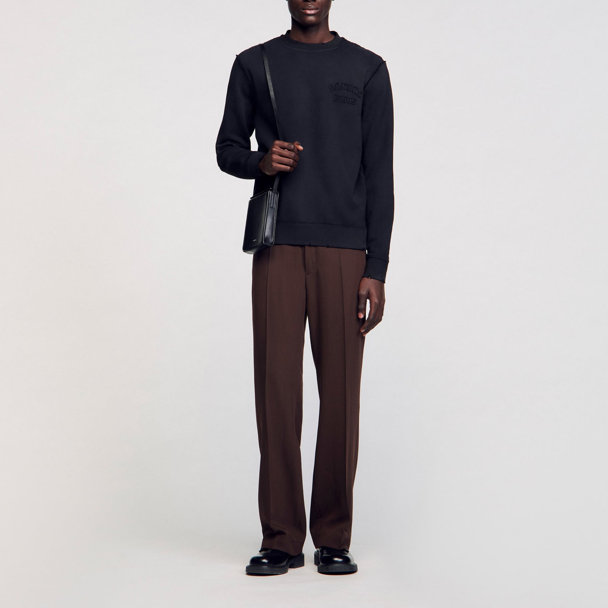 Sandro cotton Round neck sweatshirt in faded fleece, classic fit, with tone-on-tone Sandro patch