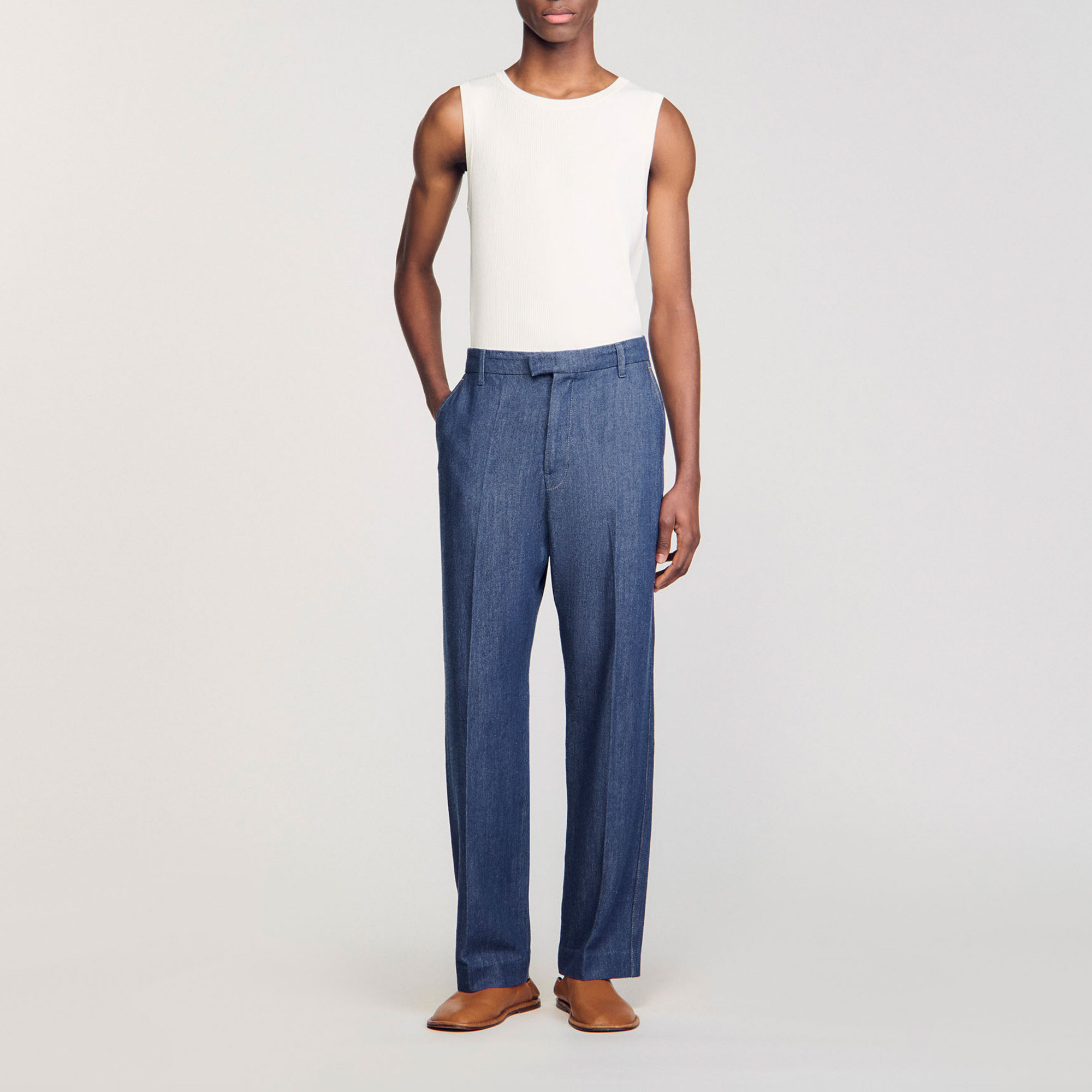 Sandro wool Wide-leg chambray trousers with belt loops, zipped button fastening with hook-and-eye as well as side pockets