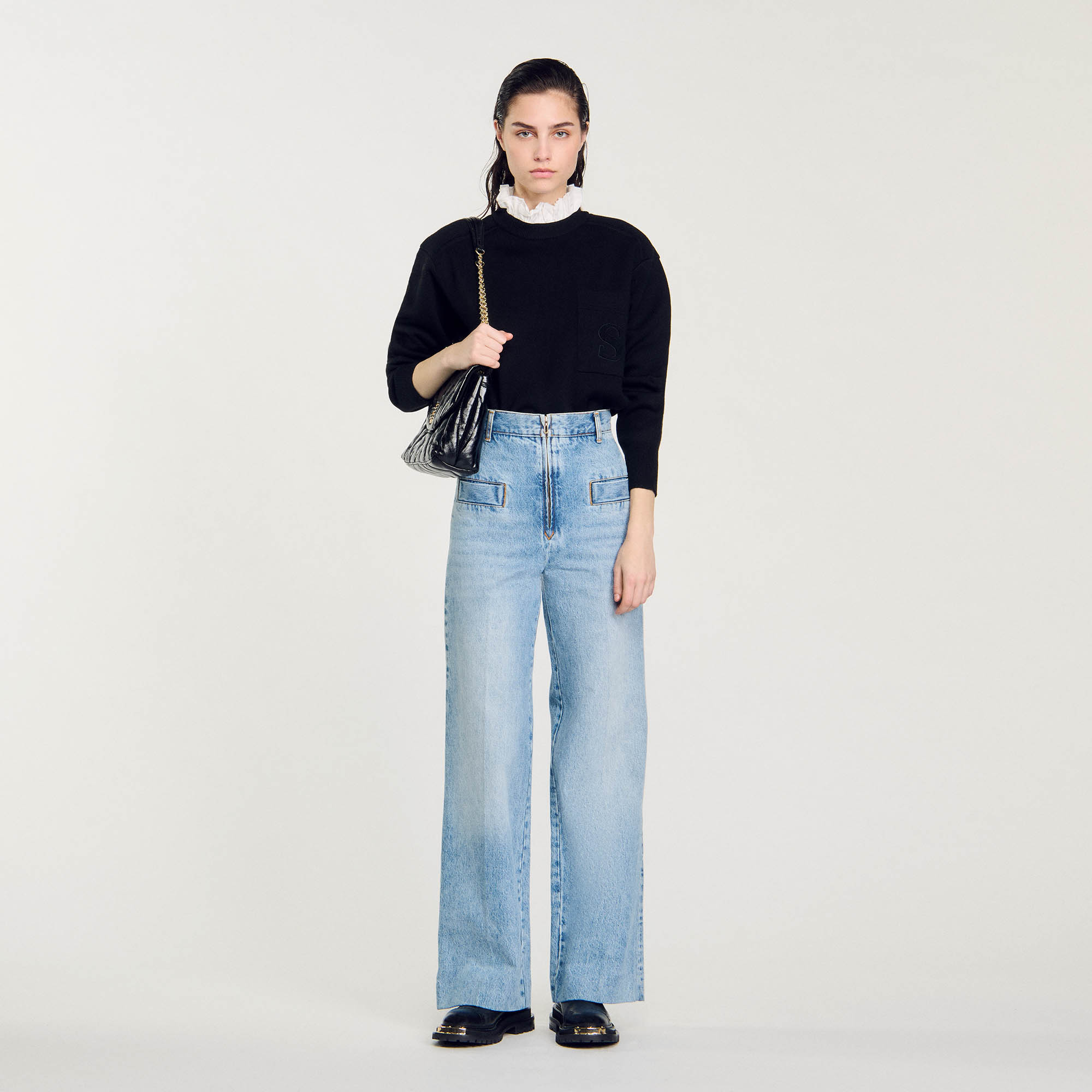 Sandro cotton Pocket lining: Wide-leg jeans in faded denim with a high waist and belt loops