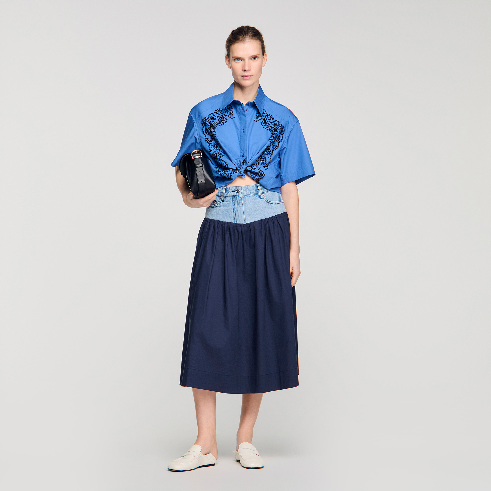 Sandro cotton Oversized, hand-embroidered and beaded shirt with shirt collar, short sleeves and front button fastening