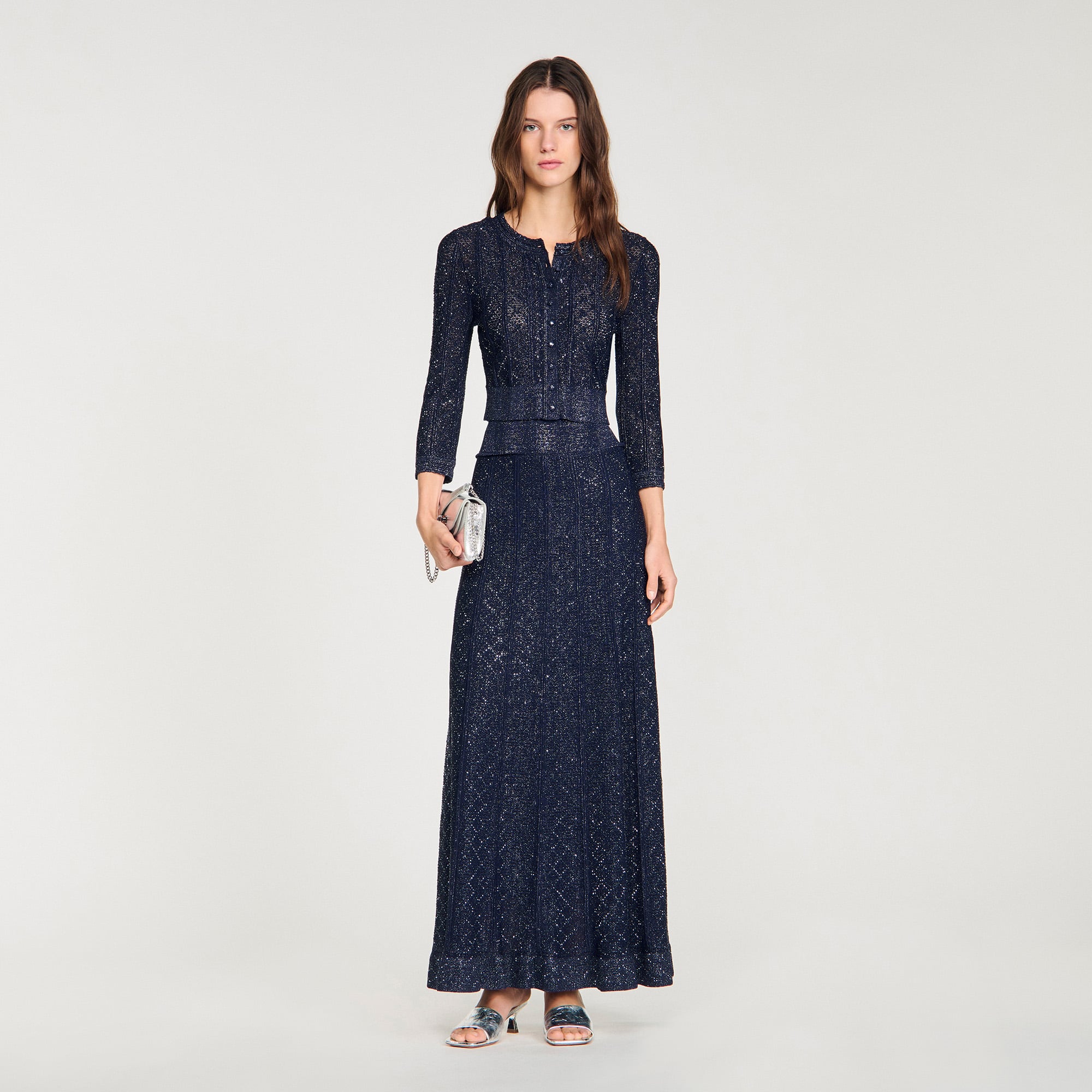 Rhinestone knit maxi skirt in Navy Blue for Women | Sandro Paris