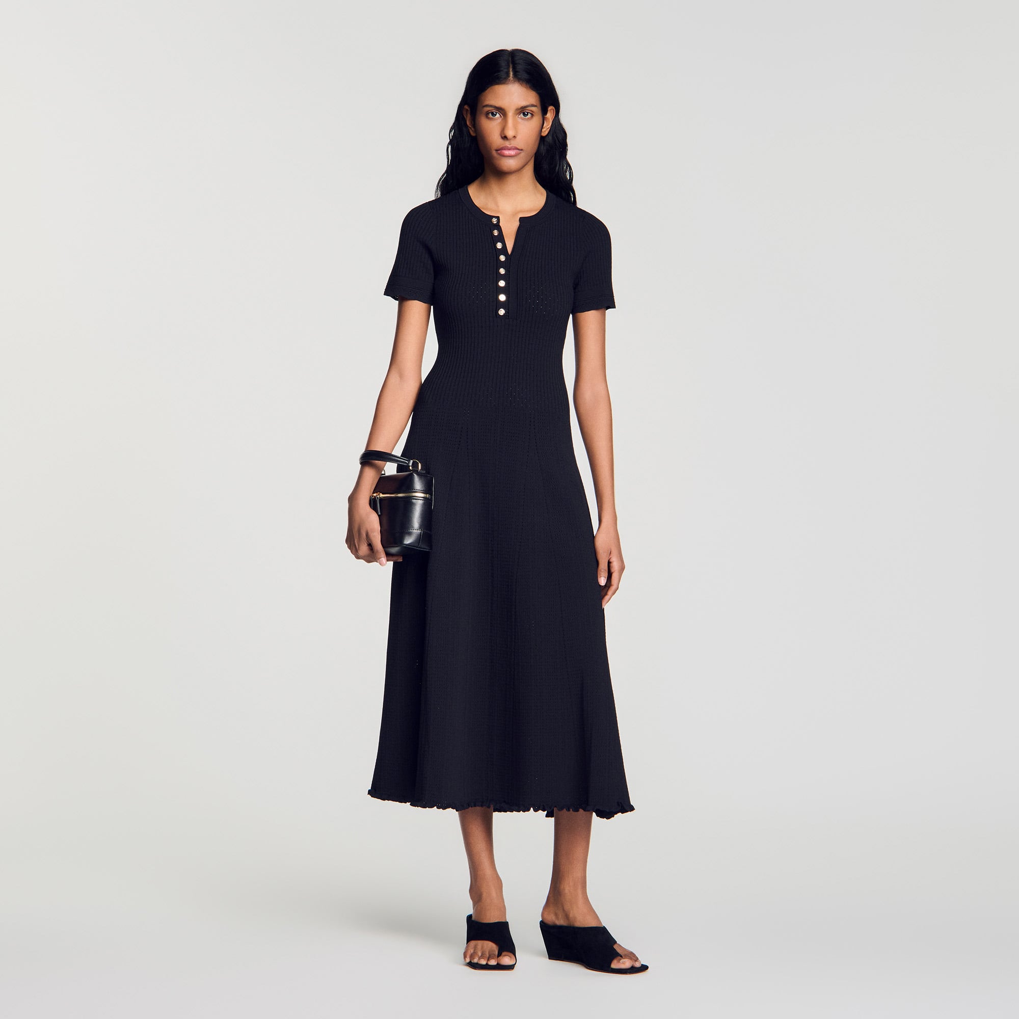 Ribbed knit midi dress in Black for Women | Sandro Paris