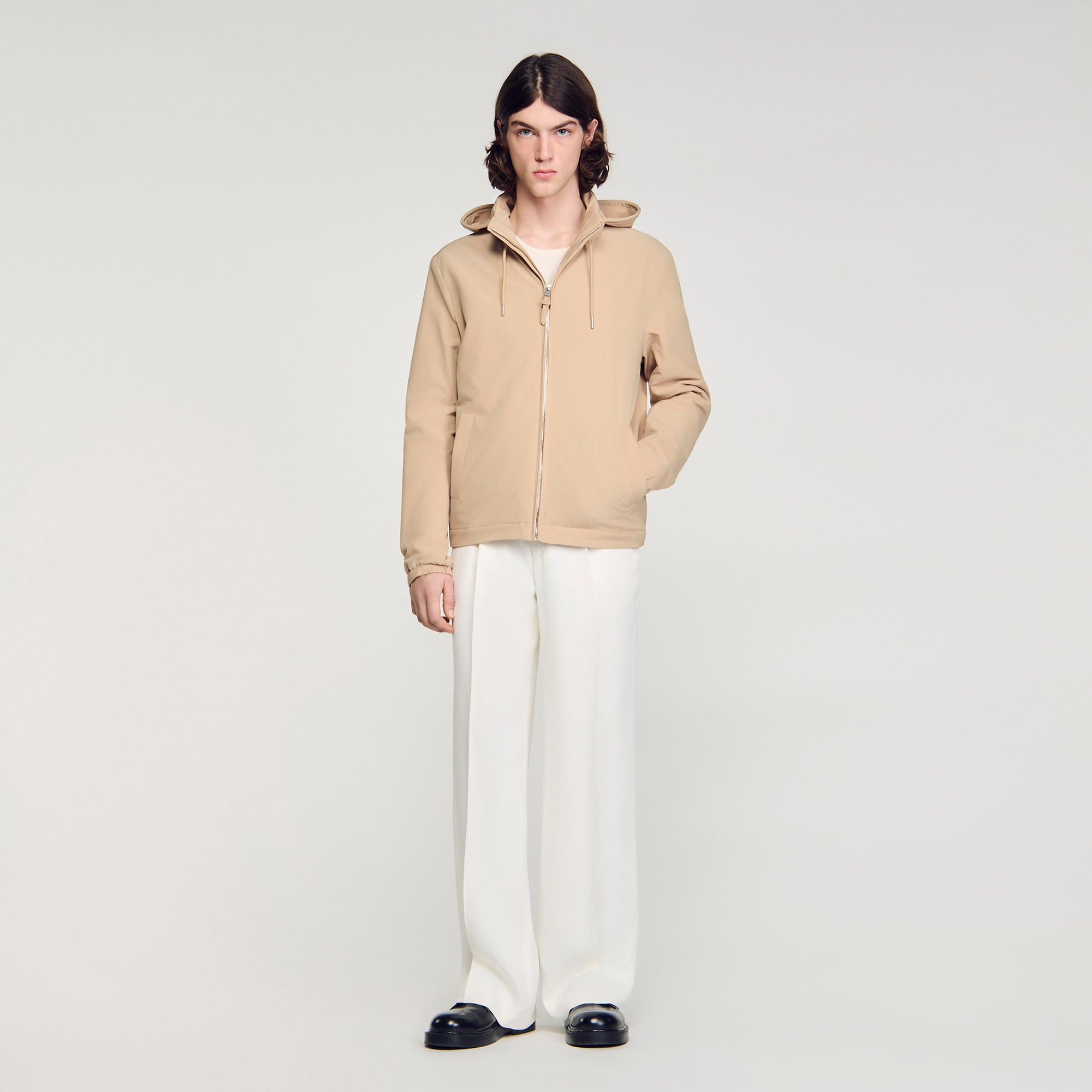 Sandro polyamide Japanese technical fabric jacket featuring concealed hood, classic fit and functional details
